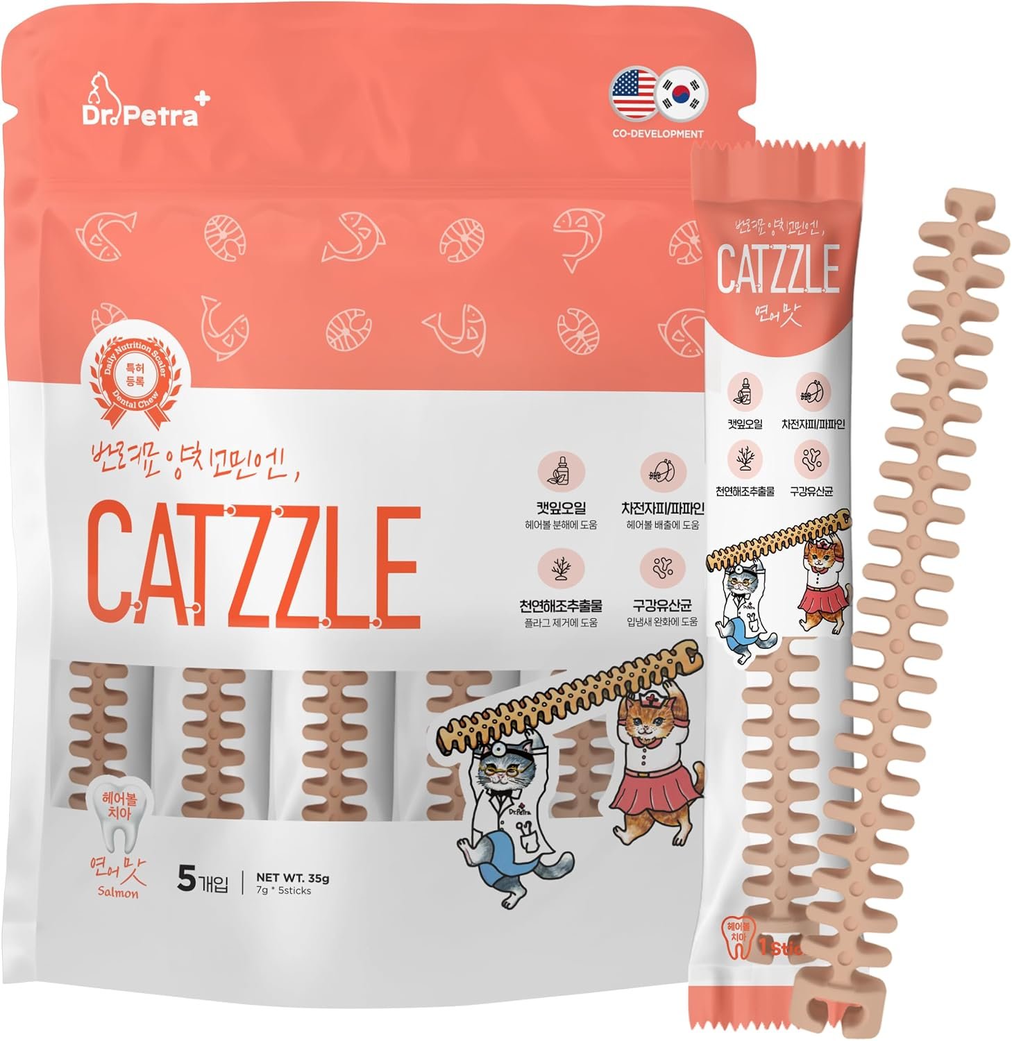CATZZLE Cat Treats, Dental Chews for Indoor Cats, Cat Teeth Cleaning, Dental Care Snacks – Hairball Control (Salmon Flavor), 5 Sticks (1.25 oz.)