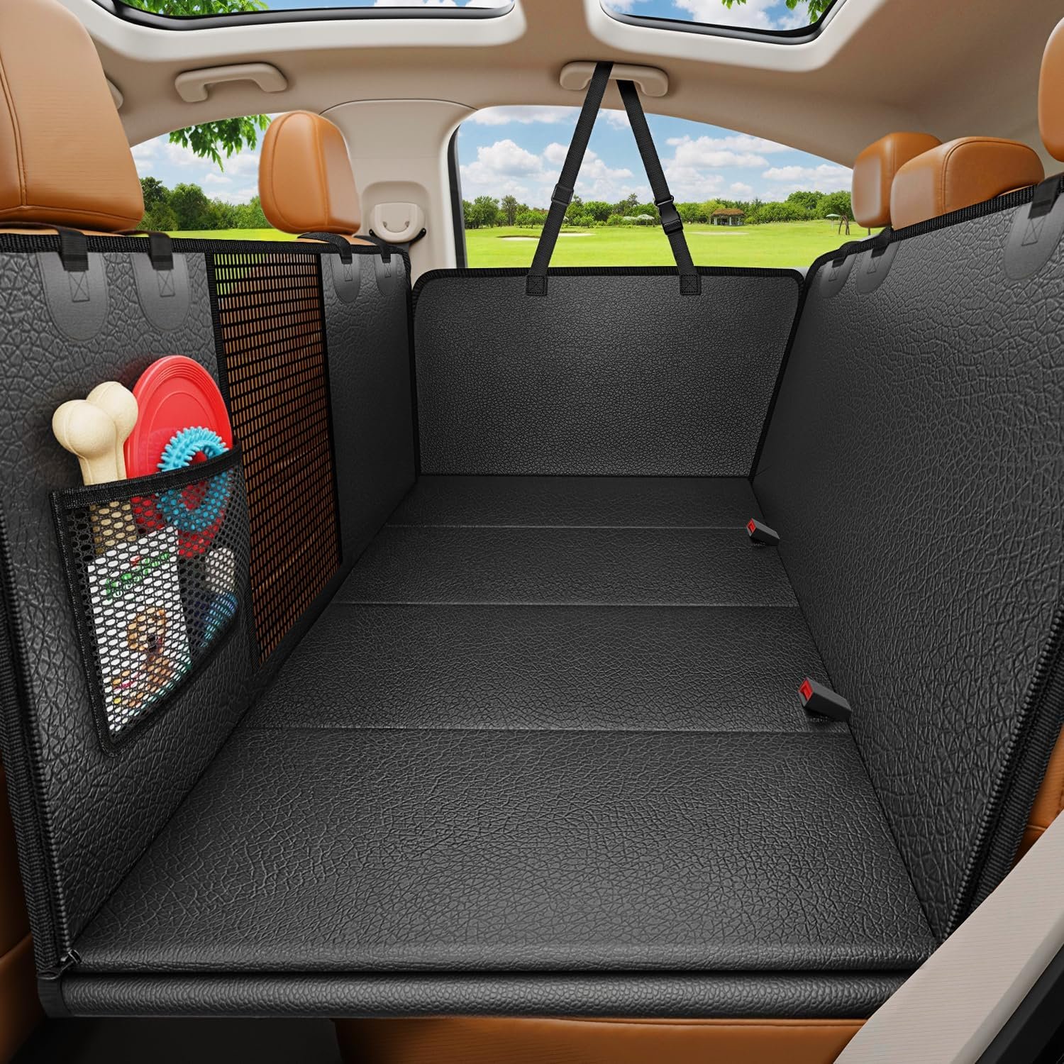 URPOWER Hard Bottom Dog Car Seat Cover for Back Seat, Waterproof Hammock | 400 lbs Support, 45% More Space, PU Leather, Waterproof, Scratch Resistant, Non-Slip, Mesh Window, Dog Seat Belt Included
