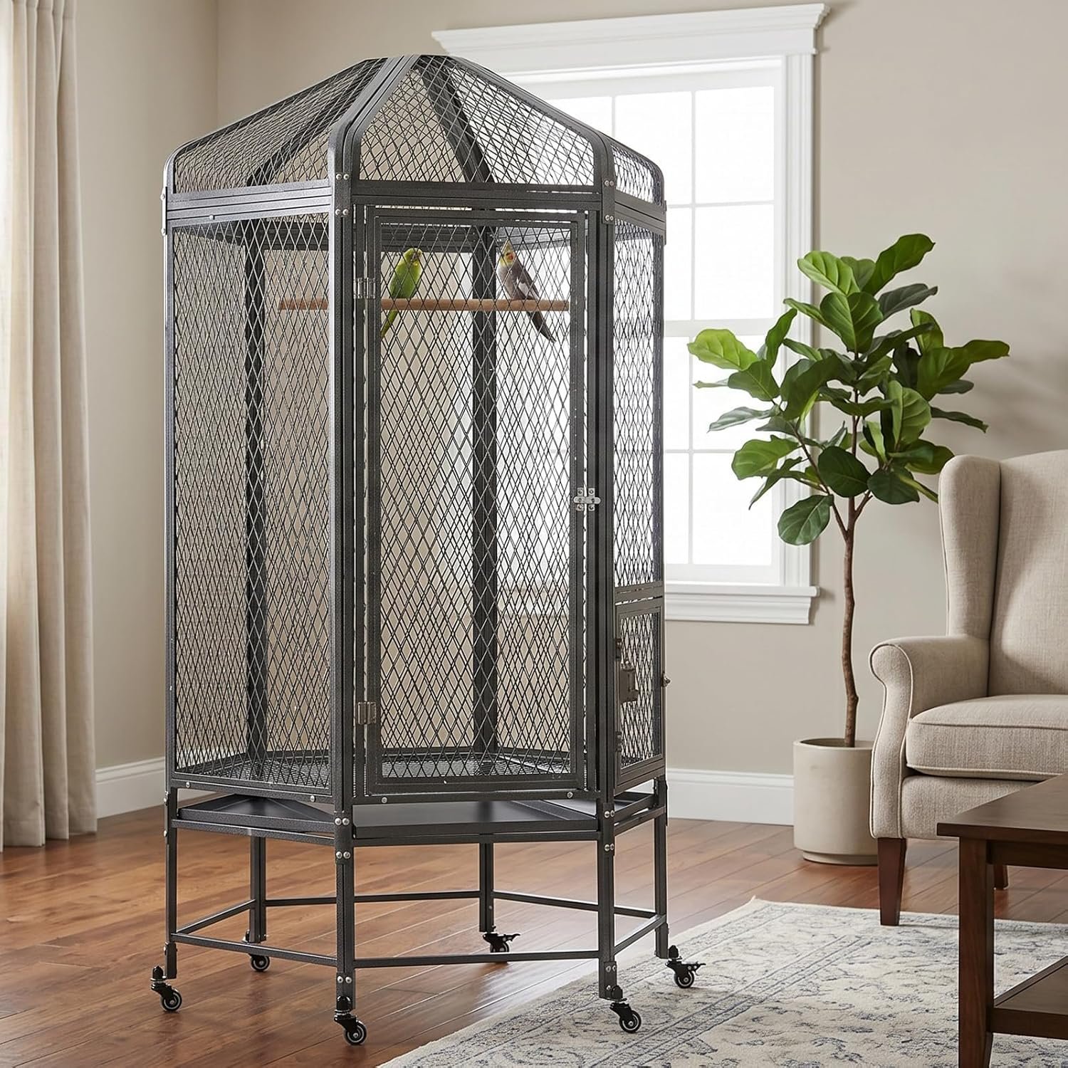 Large Bird Cage, 71-Inch Hexagonal Flight Aviary, Heavy-Duty Powder-Coated Steel, Diamond Mesh, Rolling Stand, for Parakeets and Parrots (Grey)