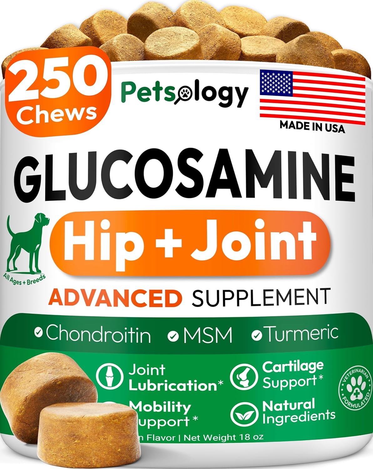 Glucosamine for Dogs – 250 Chews with Chondroitin – Hip and Joint Supplement with MSM – Turmeric – Omega 3 – Joint Pain Relief – Advanced Support for Dog Health – For Large, Medium & Small Breeds
