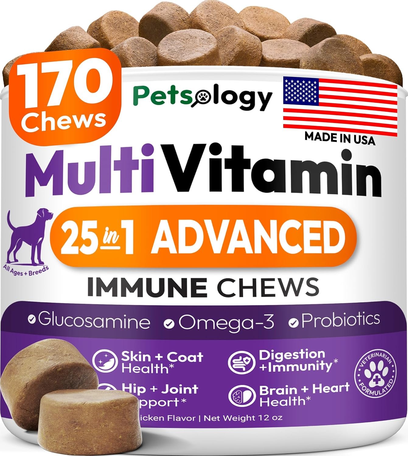 Dog Multivitamin Chewable – Dog Vitamins and Supplements with Glucosamine – 170 Chews – Hip & Joint, Pet Immune Support, Skin & Coat, Gut & Heart Health – Senior & Puppy Multivitamin Pet Supplement