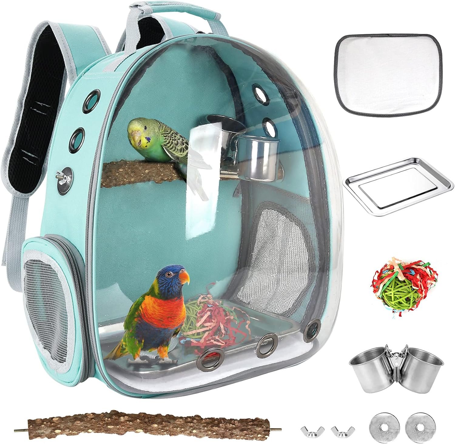Bird Carrier, Portable Bird Backpack Travel Cage Bag with Standing Perch | Includes Food Bowl & Stainless Steel Tray, for Wildbird Parrot Parakeet Cockatiel Conures Budgie Canary Lovebirds Small Pet