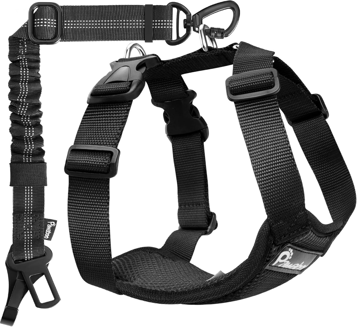 Pawaboo Dog Car Harness Seatbelt Adjustable with Double Clips, XL, Black | Breathable Dog Seat Belt Harness for Car, Pet Vest & Dogs Safety Tether with Elastic Bungee for Small Medium Large Pet