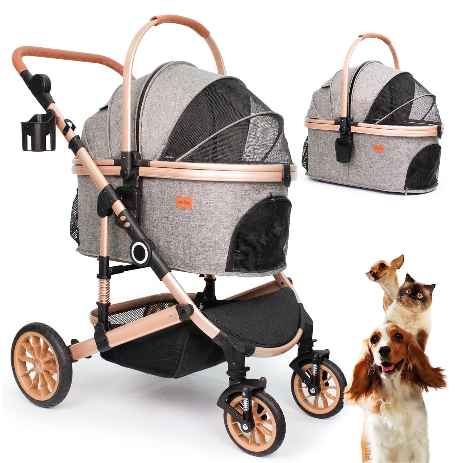 Bicystar Dog Stroller with Detachable Carrier, Rubber Wheels, 50 lbs, Grey | 3-in-1 stroller and car seat, real solid rubber wheels, fits 2 small or 1 medium pet, foldable frame