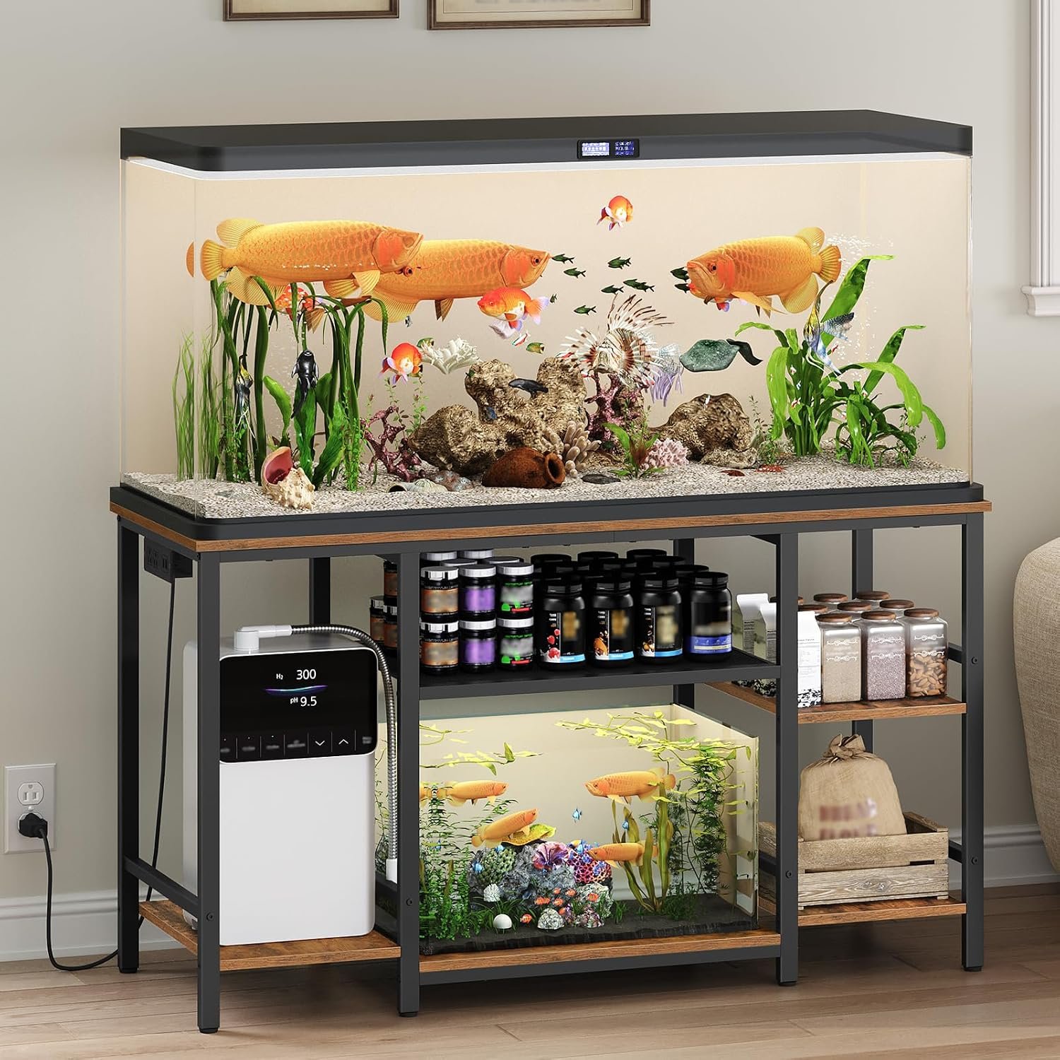 MAHANCRIS 55-75 Gallon Fish Tank Stand with Power Outlet, 3-Tier Metal Frame Aquarium Stand, Heavy Duty Reptile Terrarium Tank Stand, 52.0″L x 19.7″W x 29.9″H, 800 LBS Capacity, Rustic Brown FTHR55E01