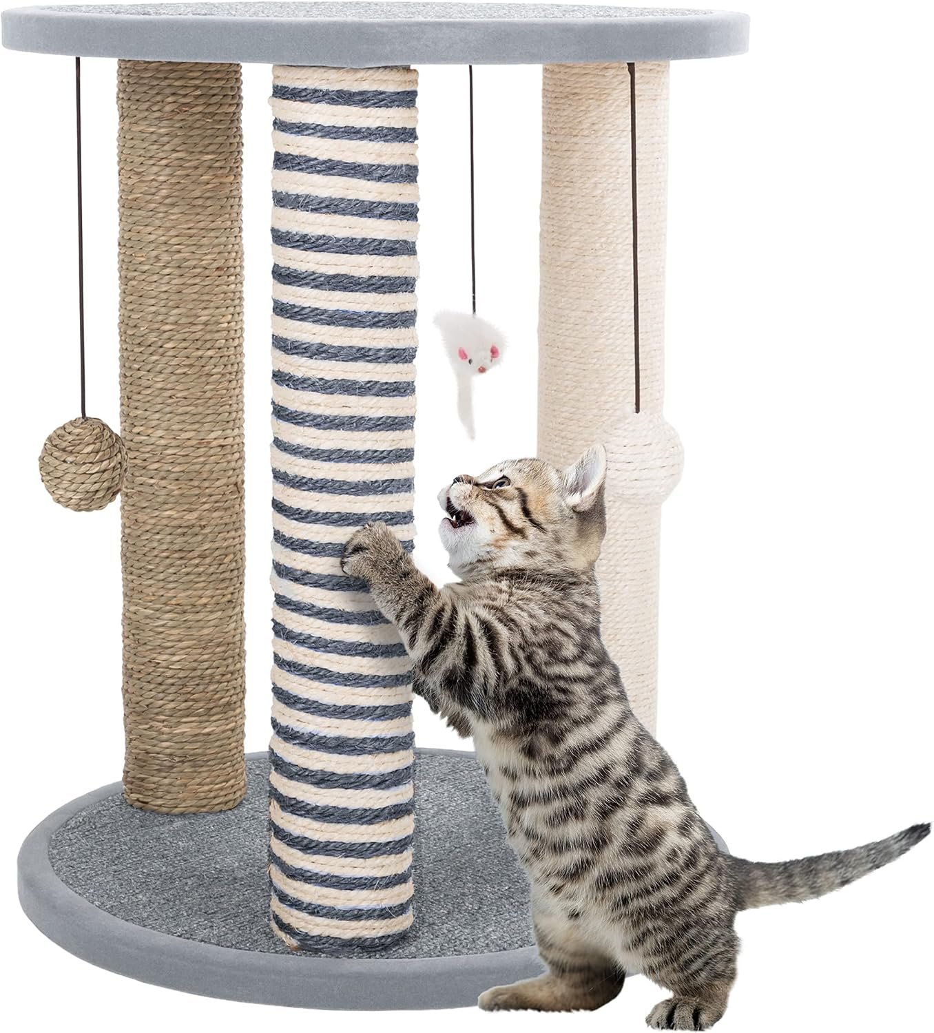 Cat Scratching Post – 3 Scratcher Posts with Carpeted Scratch Pad Base and Perch – Furniture Scratching Deterrent for Indoor Cats by PETMAKER (Gray)