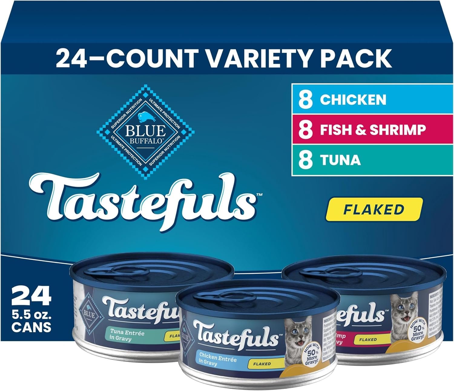 Blue Buffalo Tastefuls Variety Pack Flaked Wet Cat Food, 5.5 oz, 24 ct | Tuna, Chicken & Fish and Shrimp Entrées in Gravy (8 of Each), No Corn, Wheat, or Soy