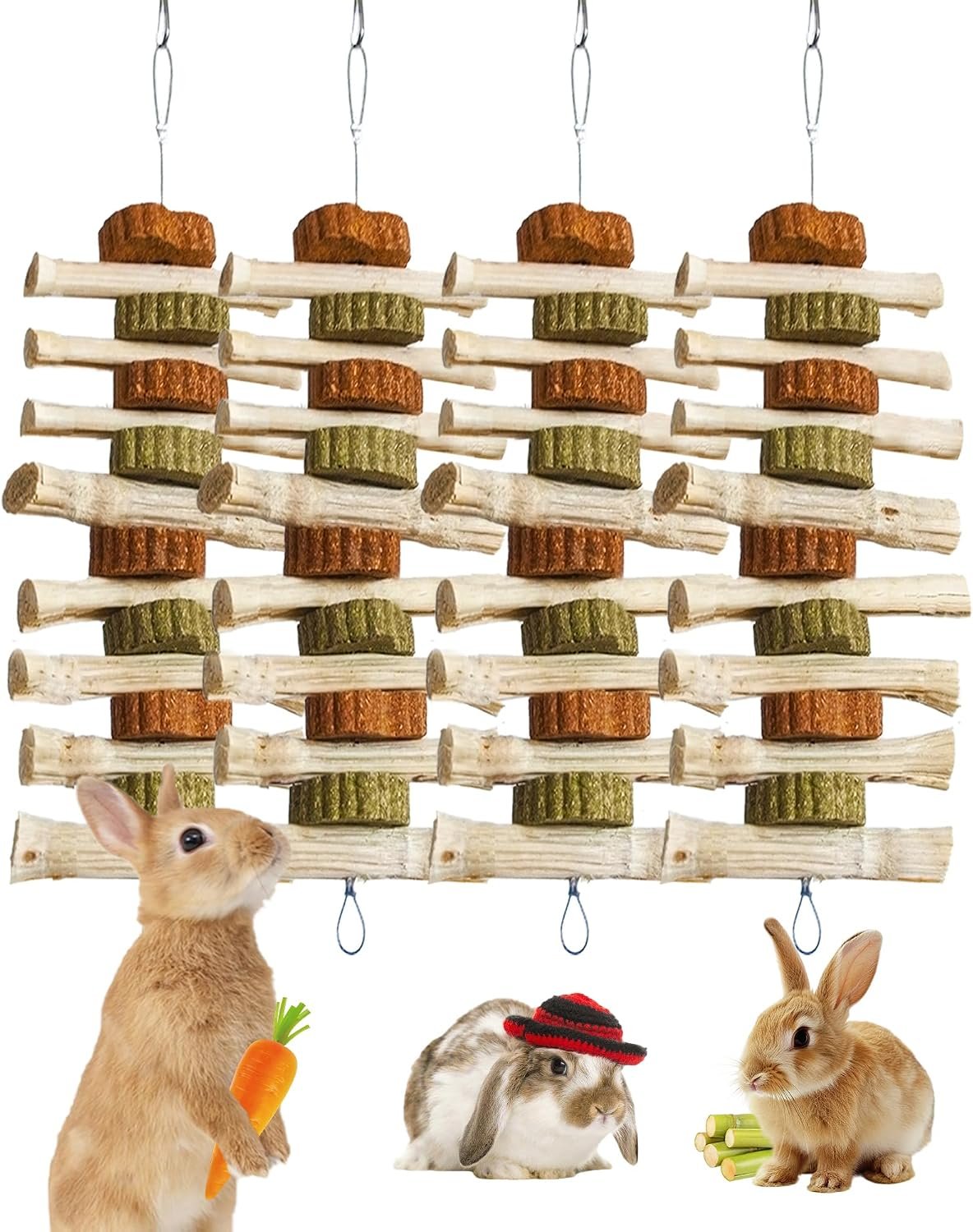 4 PCS Rabbit Chew Toys for Teeth Grinding, Delicious Bunny Cage Hanging Chew Toys, Natural Sweet Bamboo Chew Sticks and Timothy Grass Cake Hay Treats Maintaining Healthy Teeth for Rabbits