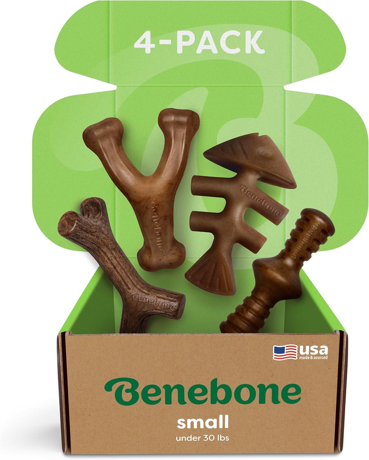 Benebone Small 4-Pack Dog Toys for Aggressive Chewers – Under 30 lbs | Durable, Multipack, Super Chewer, Made in USA, Dog Bones, Long-Lasting, A Size for Every Dog, Keeps Them Busy