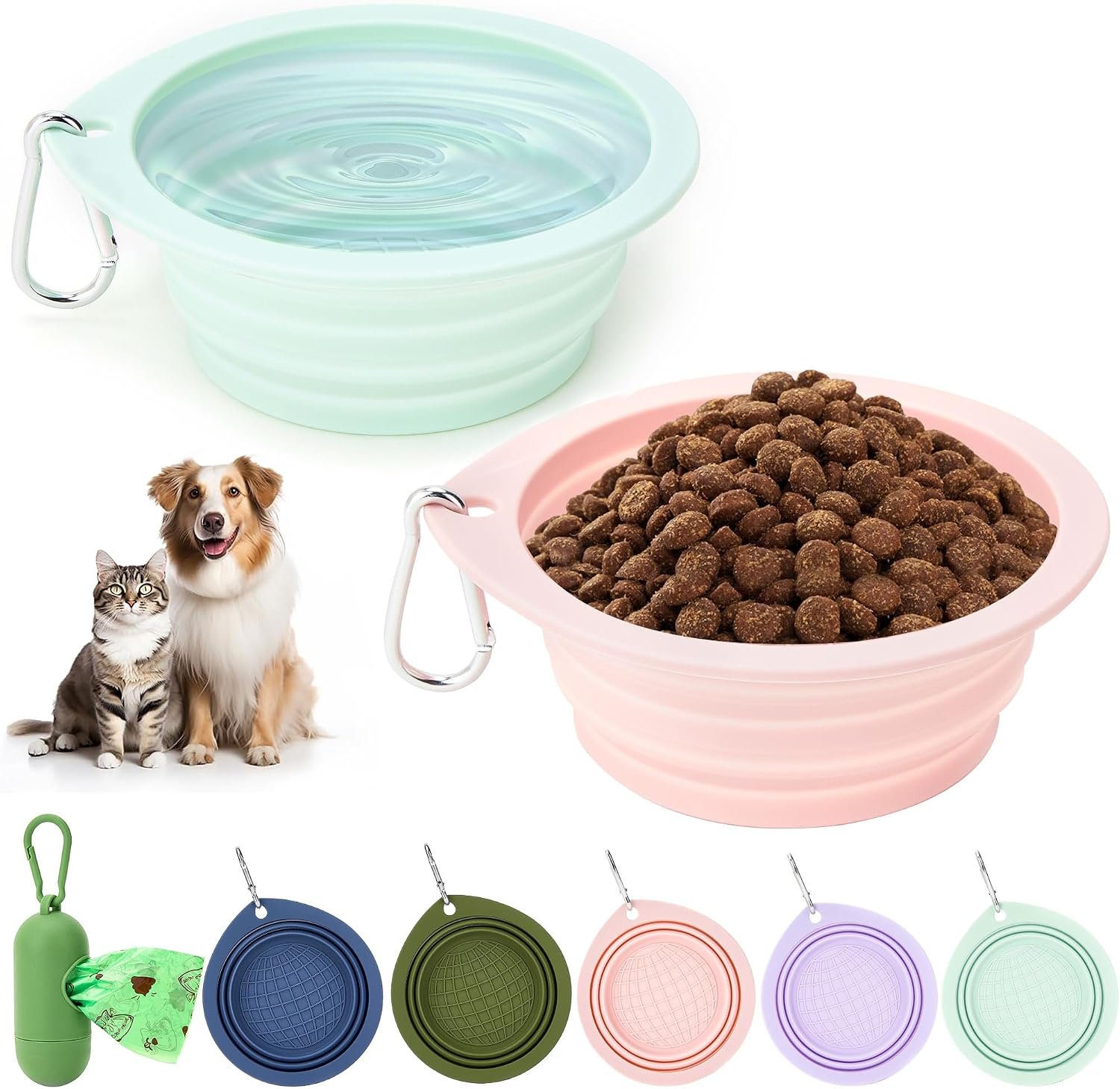 3 Pack Collapsible Dog Bowls,2 Pet Bowls with 1 Pet Poop Bag Dispenser Set,Portable Silicone Travel Dog Bowls for Walking,Hiking,Camping,Outdoor Travel(Pink&Green)