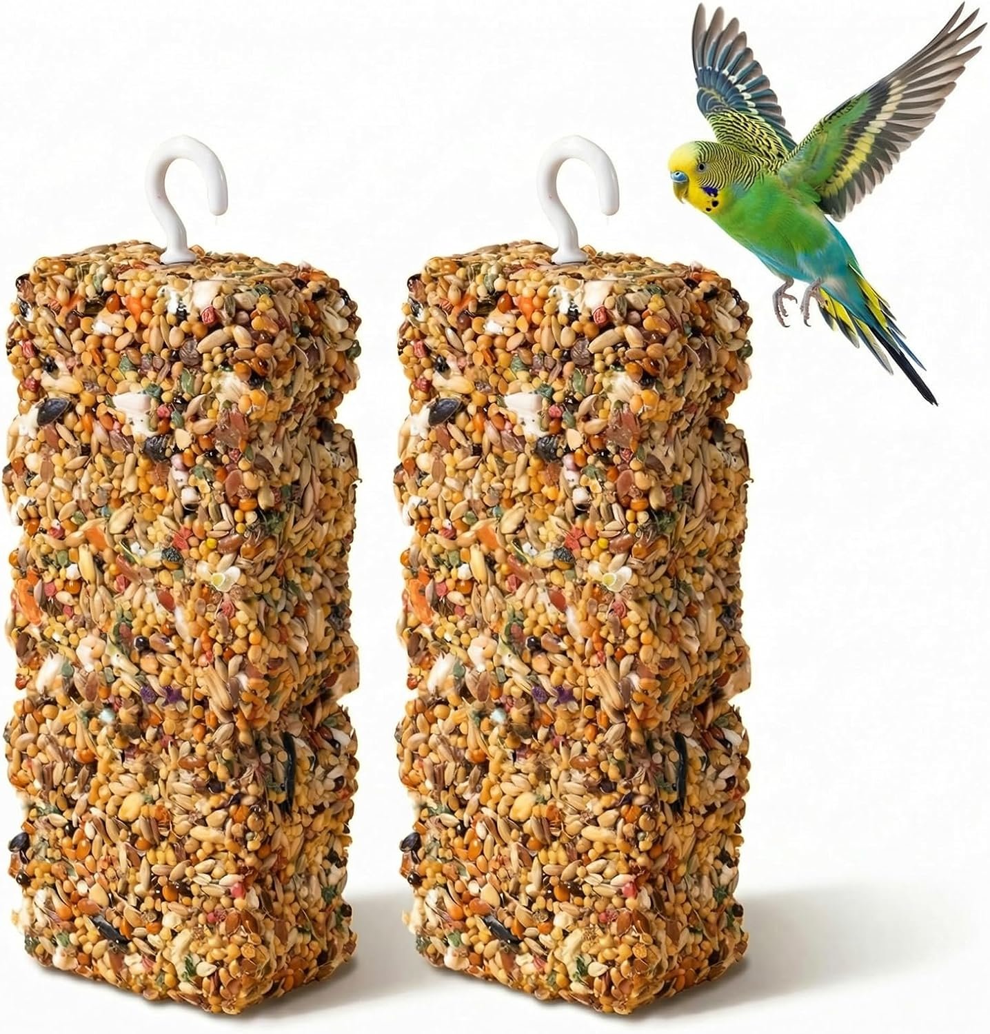 2 PCS Natural Bird Grain Treat Sticks, Blend Foraging Toys for Stress Relief, Metal Hook, for Budgies, Cockatiels, Lovebirds, Conures, Parakeets, Small to Medium Birds