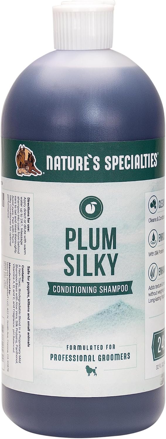 Nature’s Specialties Plum Silky Ultra Concentrated Dog Shampoo Conditioner, Makes up to 6 Gallons, Natural Choice for Professional Pet Groomers, Silk Proteins, Made in USA, 32 oz