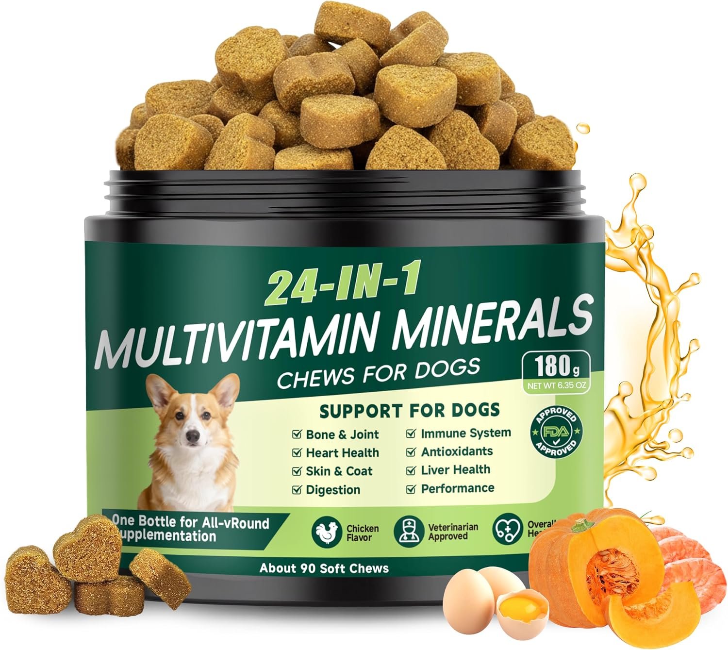 24-in-1 Dog Vitamins and Supplements, Dog Multivitamin Chewable for All Dog | Chondroitin Probiotics Omega-3 Glucosamine for Skin Coat Hip Joint Heart Gut Liver Brain Eye Immune Health, 90 Chews Chicken