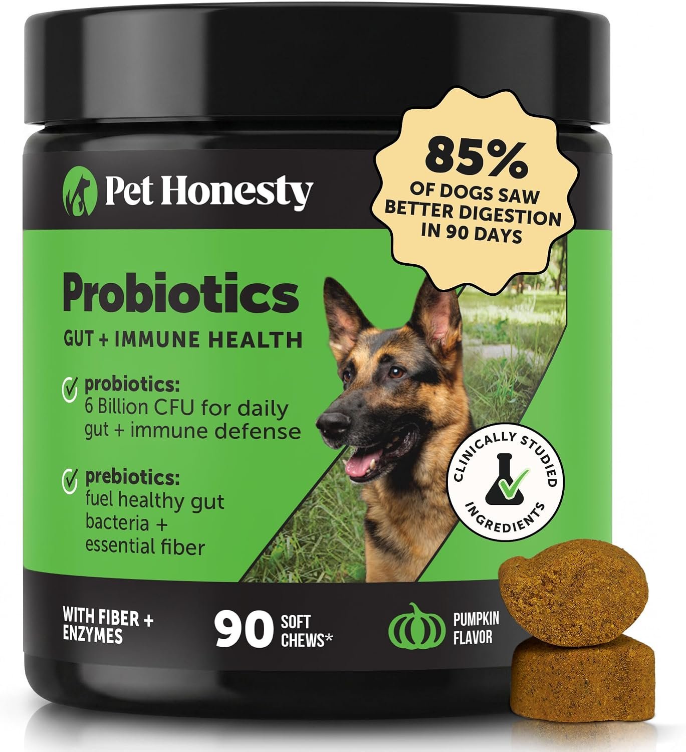 Pet Honesty Dog Probiotics Chews for Gut & Digestive Health, 90ct, Pumpkin | Vet recommended probiotics for dogs with digestive enzymes, prebiotics and fiber for regularity, gentle on sensitive stomachs