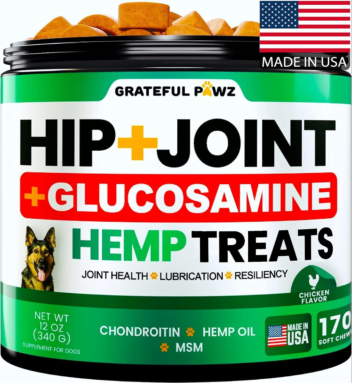 Hemp Hip and Joint Supplement for Dogs – Glucosamine for Dogs – 170 Joint Pain Relief Treats – Chondroitin, MSM, Hemp Oil – Advanced Health Supplement – Mobility Support Chews – Made in USA