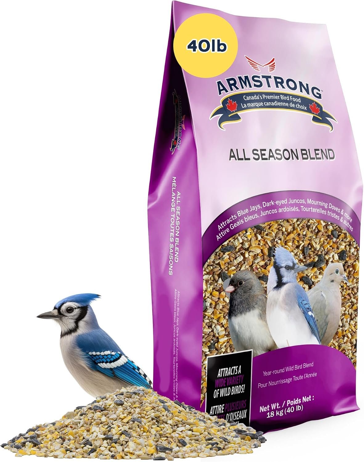 Armstrong Wild Bird Food All Season Bird Seed Blend, 40 Pounds – with Cut Corn, Wheat, White & Red Millet, Black Oil Sunflower Seeds for Blue Jays, Dark-Eyed Juncos and Mourning Doves