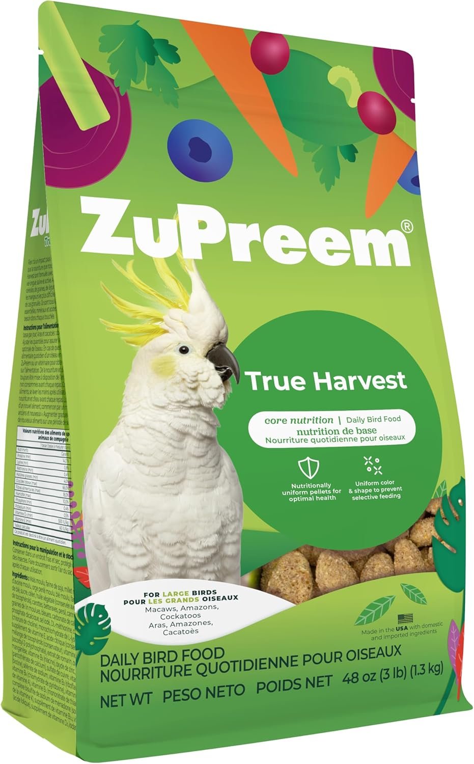 ZuPreem True Harvest Macaw & Cockatoo Food, Uniform Bird Food, L, 3 lb | Bird Food Pellets, ZuPreem Natural Pellets, Uniform, Complete Diet, Macaws, Cockatoos, Amazons, Large Bird, Made in USA