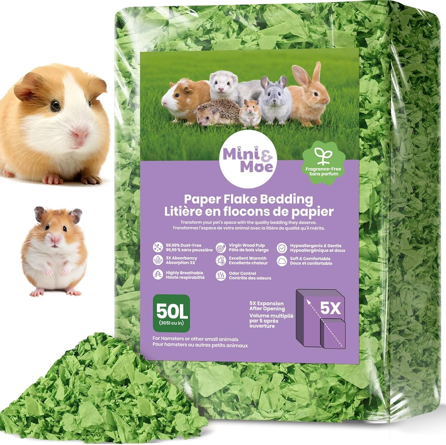 Hamster Bedding 50L Guinea Pig Paper Bedding Odor Control 99% Dust-Free | Small Pet Bedding Natural Paper Expands 5X Soft Dust-Free Unscented Support Burrowing, Nesting, Easier Daily Cage Care