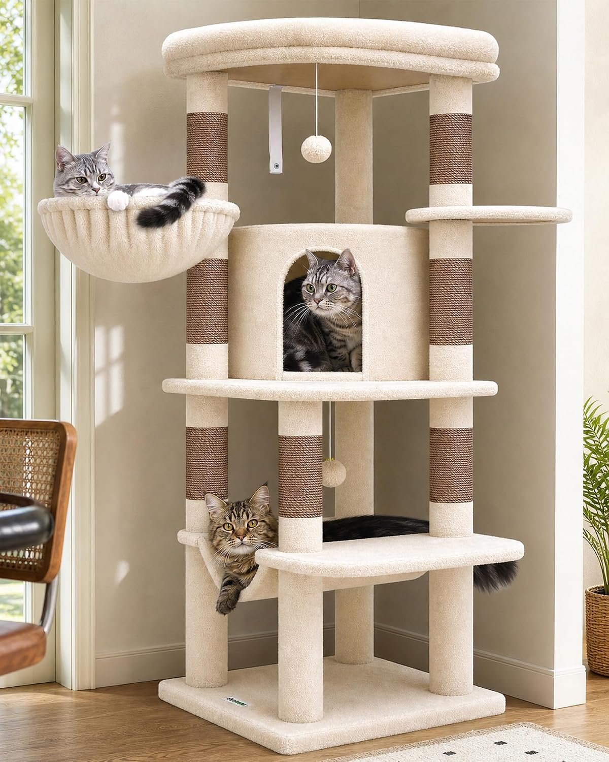Globlazer Corner Cat Tree, 51in Curved Series Modern Cat Tower for Indoor Cats with Hammock, 7 Sisal Scratching Posts, Large Fan-Shaped Platform for Large Cats, Cat Condo & Hanging Basket, C51, Beige​