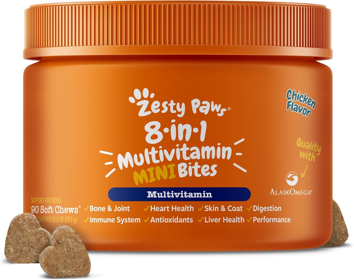 Zesty Paws Dog Multivitamin, Chewable Dog Vitamins and Supplements for Hip & Joints, Skin & Coat, Omega 3 Fish Oil for Dogs- Senior & Puppy Multivitamin – Chicken Mini Bites- 90ct