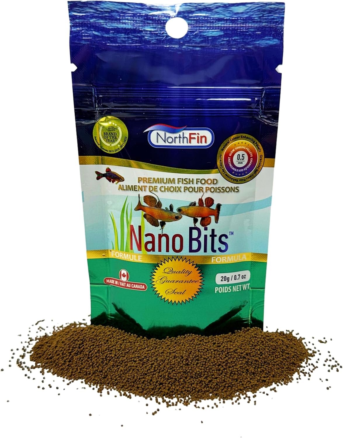 Northfin Nano Bits Fish Food, Slow-Sinking Pellets, 0.5mm, 20g | Nano Bits Formula; 0.5mm pellets for nano fish & bettas; insect-based black soldier fly larvae; crafted in Canada