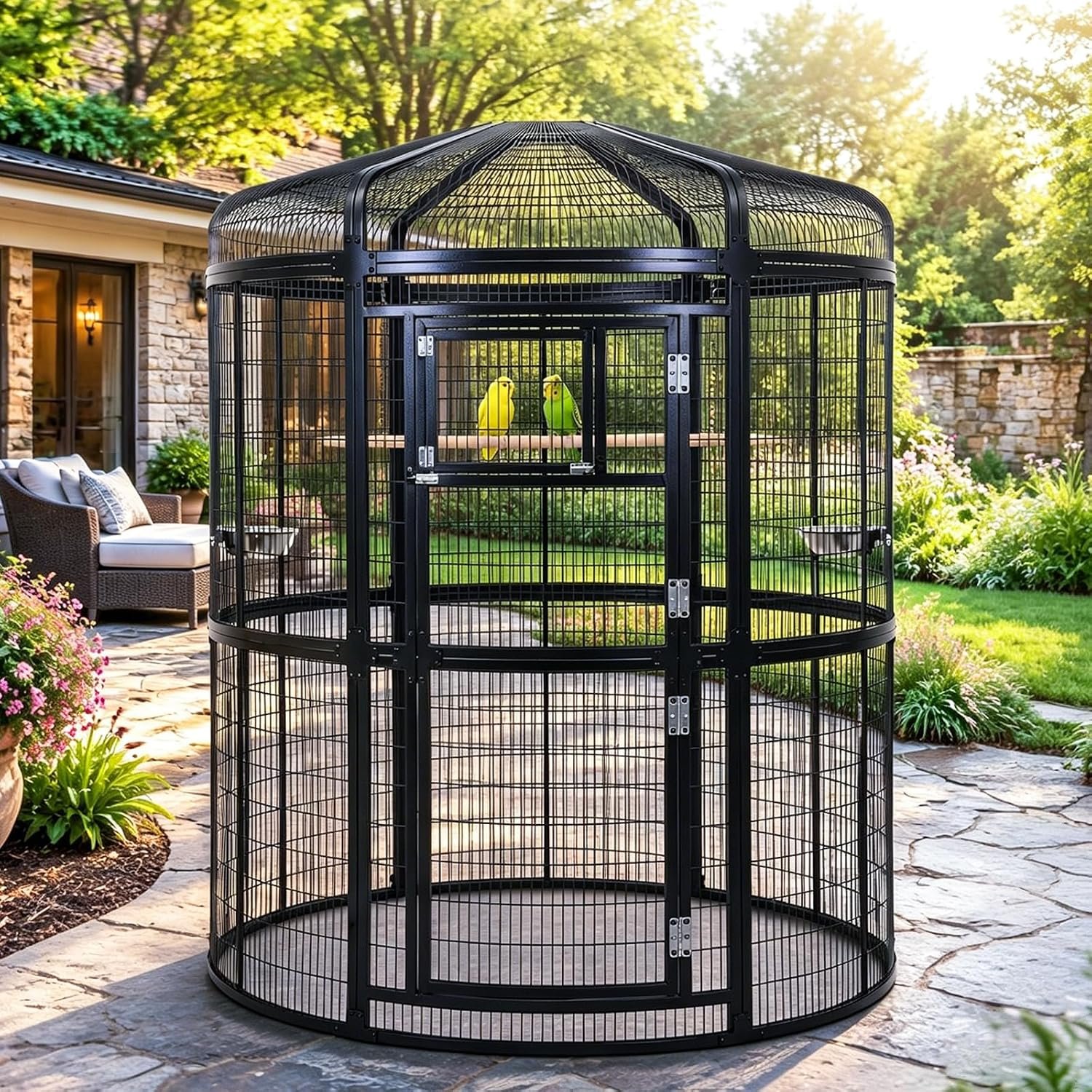 Extra Large Walk-in Round Bird Cage for Parrots, Budgies & Macaws – Outdoor Aviary with Rustproof Powder-Coated Steel, Large Door, Feeding Bowls & Beech Wood Perch, NSF Safe