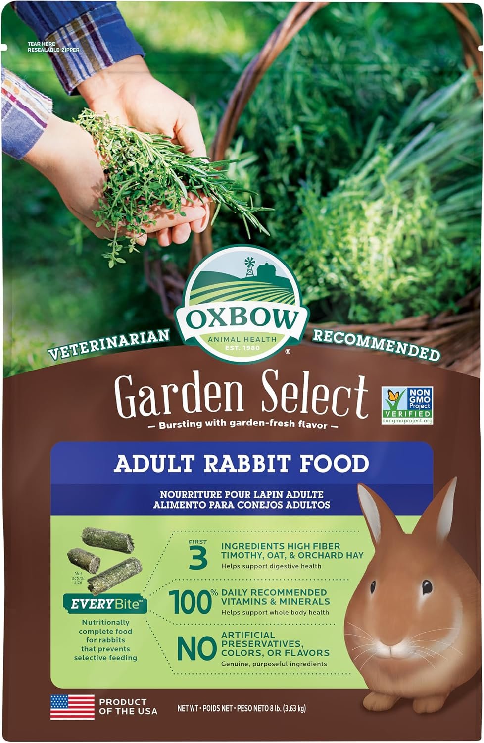 Oxbow Garden Select Adult Rabbit Food, High-Fiber Rabbit Pellets, USA, 8 lb | Bunny Food for Adult Rabbits, Made with High Fiber Oxbow Hay, Vitamins & Minerals, Uniform, Prevents Selective Feeding