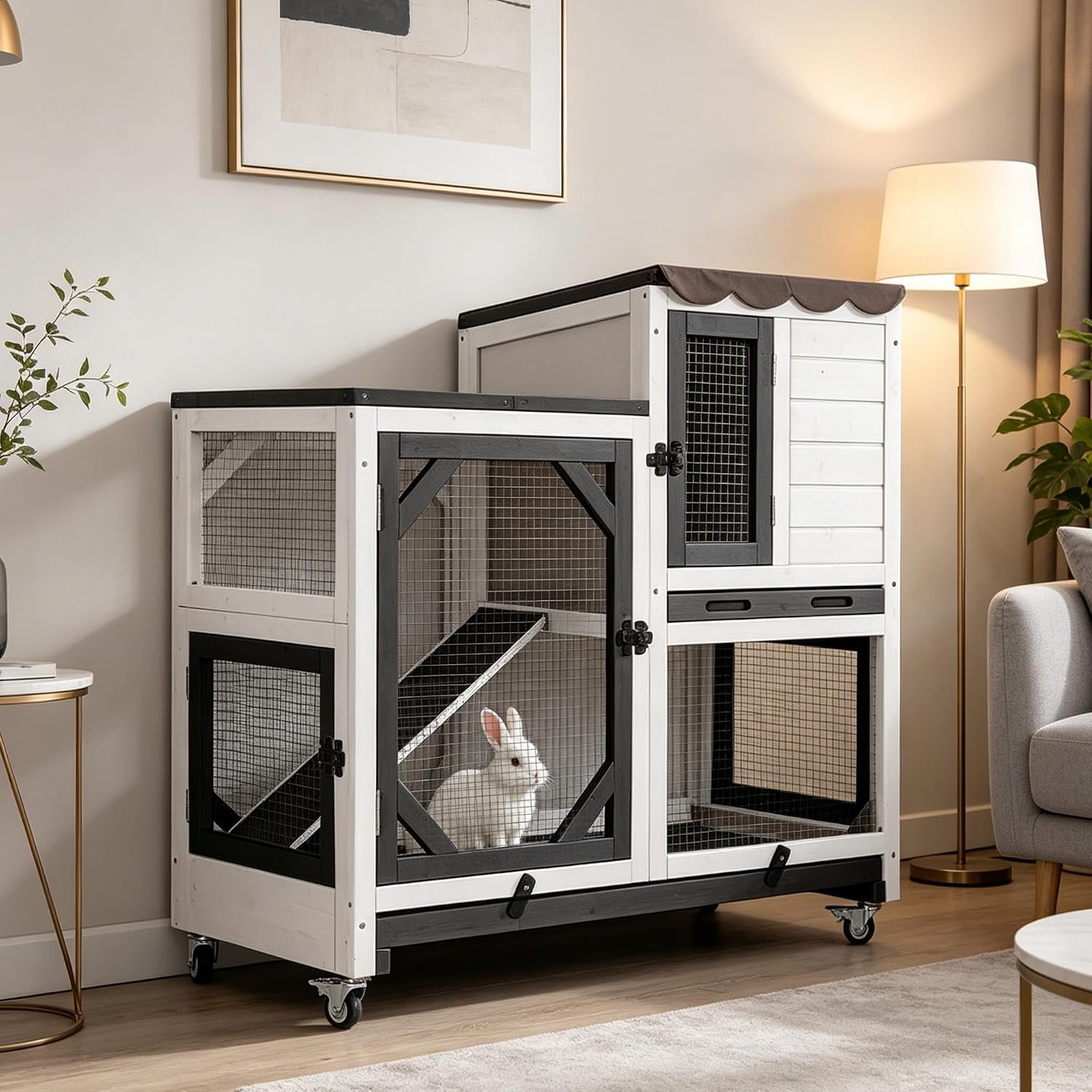 GUTINNEEN Wooden Duplex Rabbit Cage on Wheels with Chew-Proof Ramp | 4 mobile swivel casters, 2-story design, waterproof rain cover, 5 access doors, 2 sliding trays, Black and White