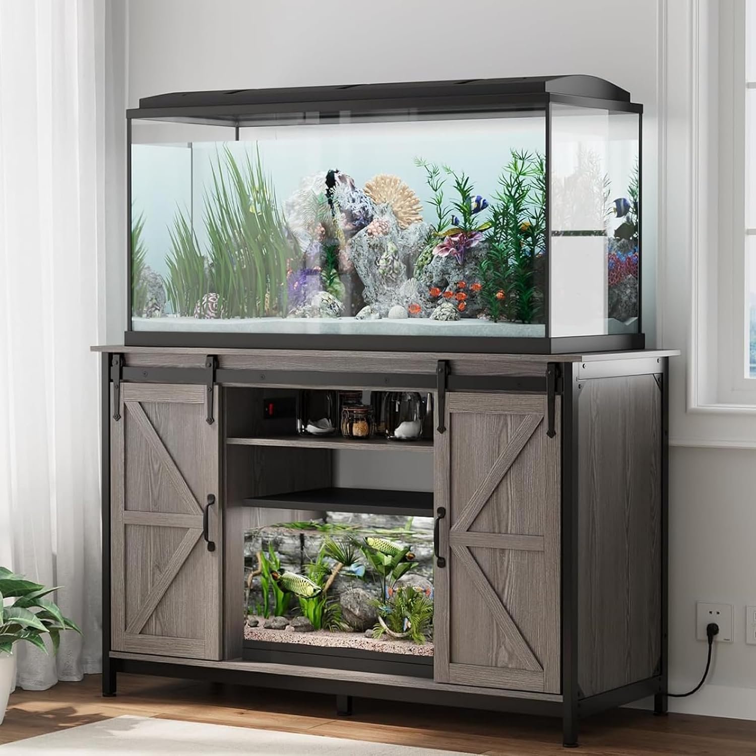 VOWNER Farmhouse 55-75 Gallon Fish Tank Stand with Power Outlet, Aquarium Stand with Storage Cabinet and Sliding Barn Door, Heavy Duty Reptile Tank Stand, for 2 Tanks, 1000LBS Capacity, Grey