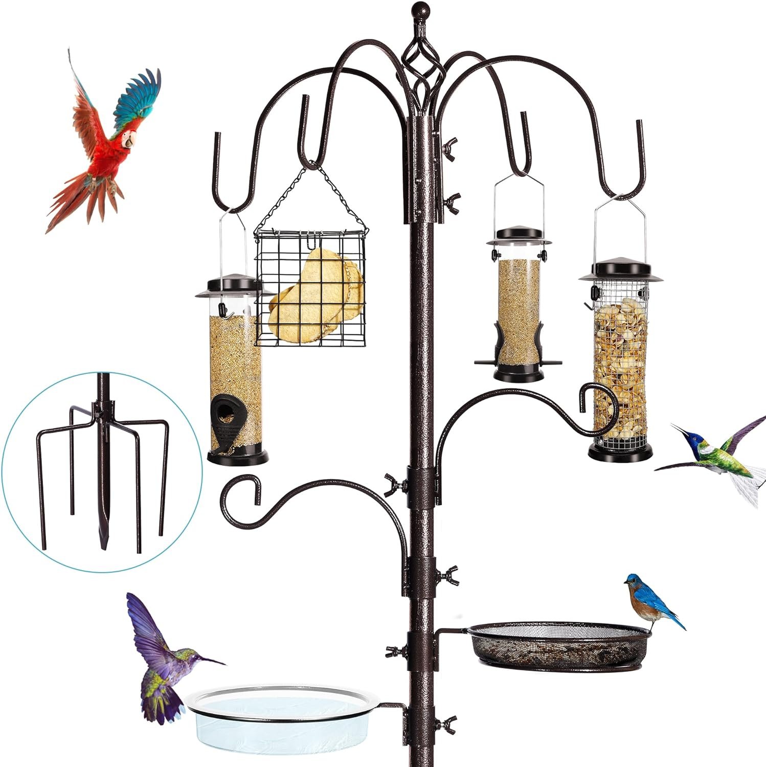 YINGYM 6-Hook Bird Feeding Station, 94 Inch Bird Feeder Pole for Outdoors | Multi-Feeder Kit Stand with 4 Bird Feeders, Bird Bath and Mesh Tray for Attracting Wild Birds