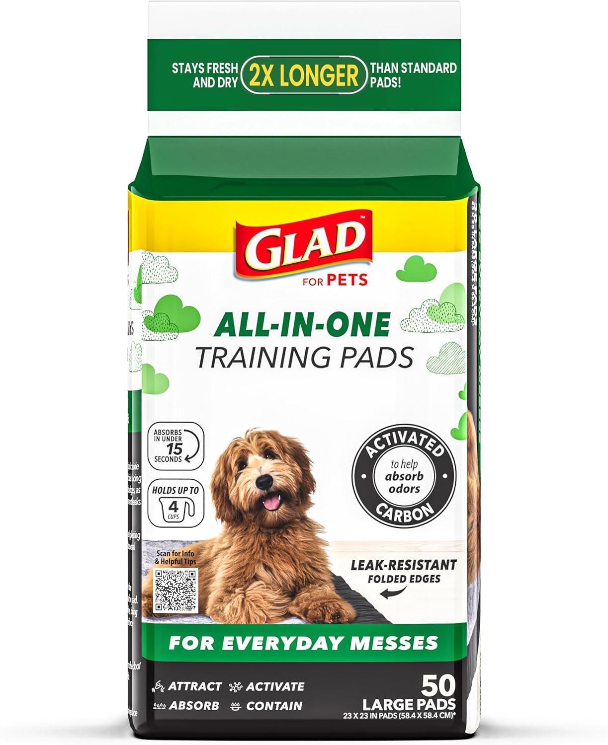 Glad for Pets Activated Carbon Disposable Dog Training Pads, 50 Count | Ideal for puppies, senior dogs, incontinence, and post-surgery, ultra-absorbent, keeps floors & crates dry, 23 x 23 in