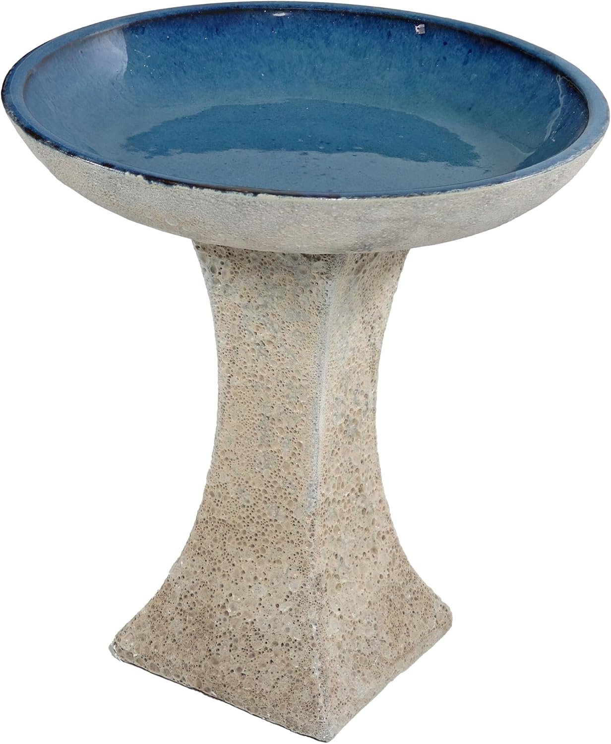Sunnydaze Ceramic Bird Bath Bowl,16” H, Blue Glaze Basin, White Lava Finish | Bird Bath Pedestal, Frost, UV, & Scratch-Resistant, 8 Cup Water Capacity, Easy Assembly, Outdoor Birdbath for Garden or Patio