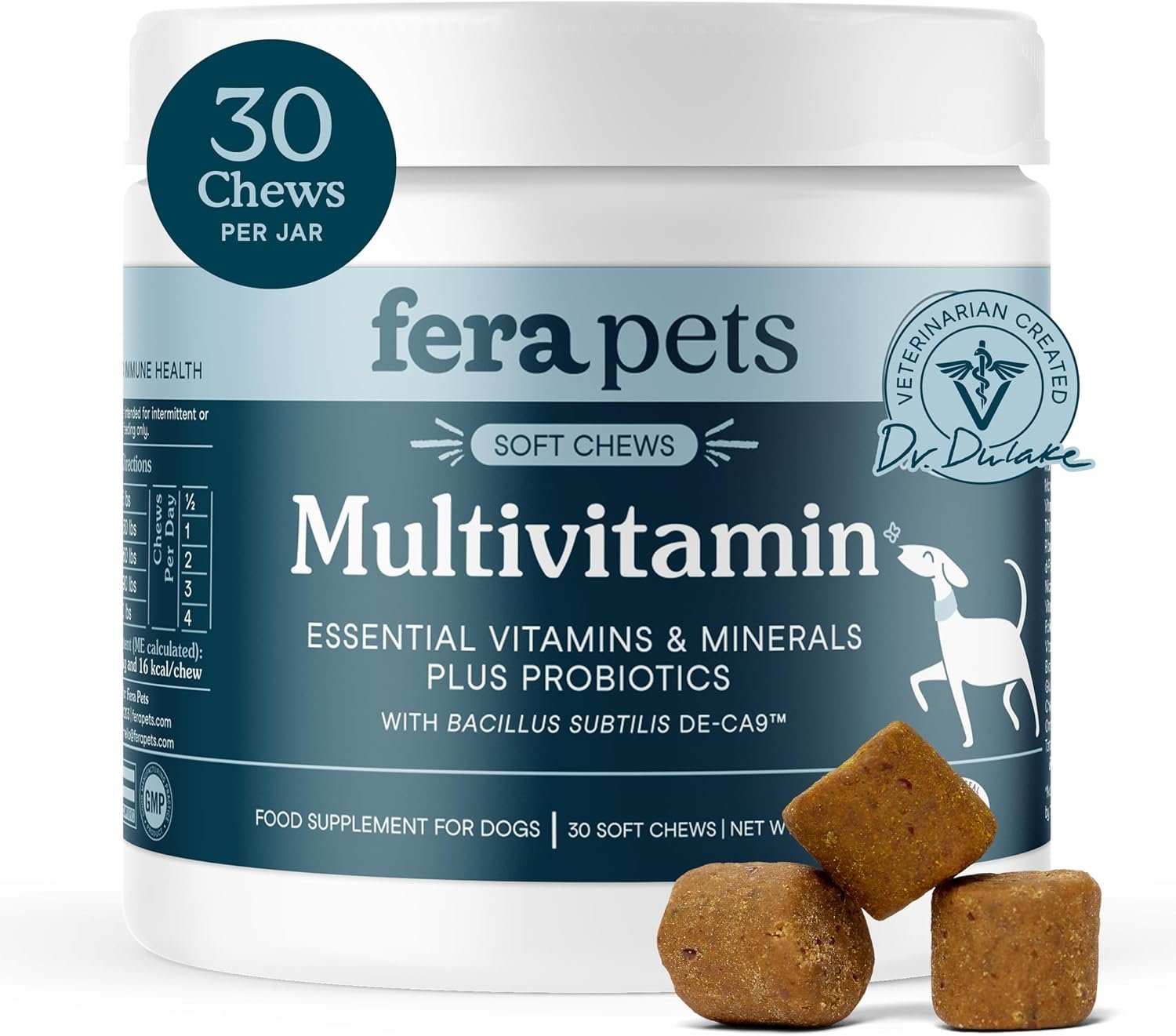 Fera Pets Dog Multivitamin Chews with Probiotics, 30 Chews | Soft Chew Multivitamin for Dogs with Glucosamine, Probiotics, Omega-3s and Essential Dog Vitamins for Joint, Skin, & Coat