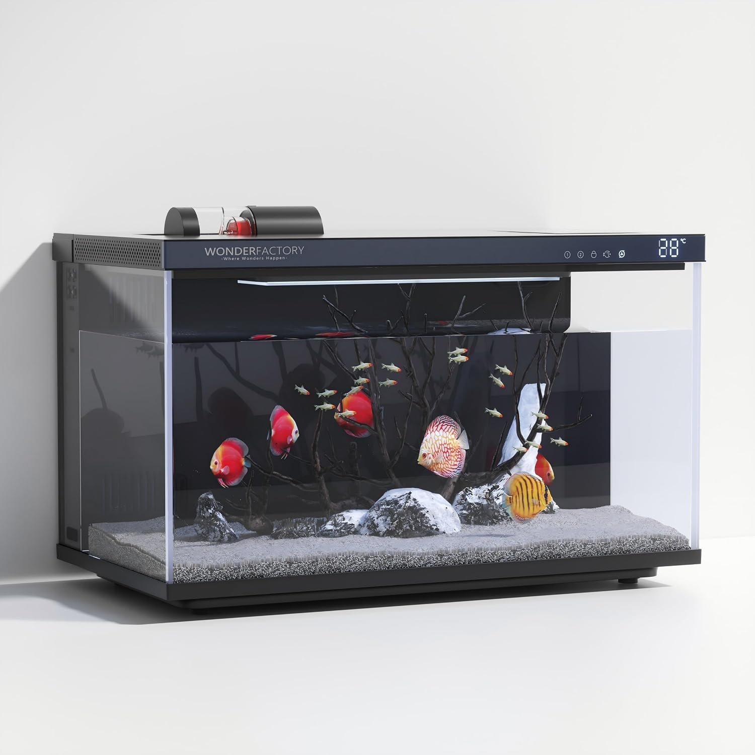 Smart Aquarium 5 Gallon Glass Fish Tank, Self Cleaning System Efficiency Filter 7 Color LED Lights Automatic Feeder Temperature Display Monitor HD UHA Glass, Smart Control with Apps