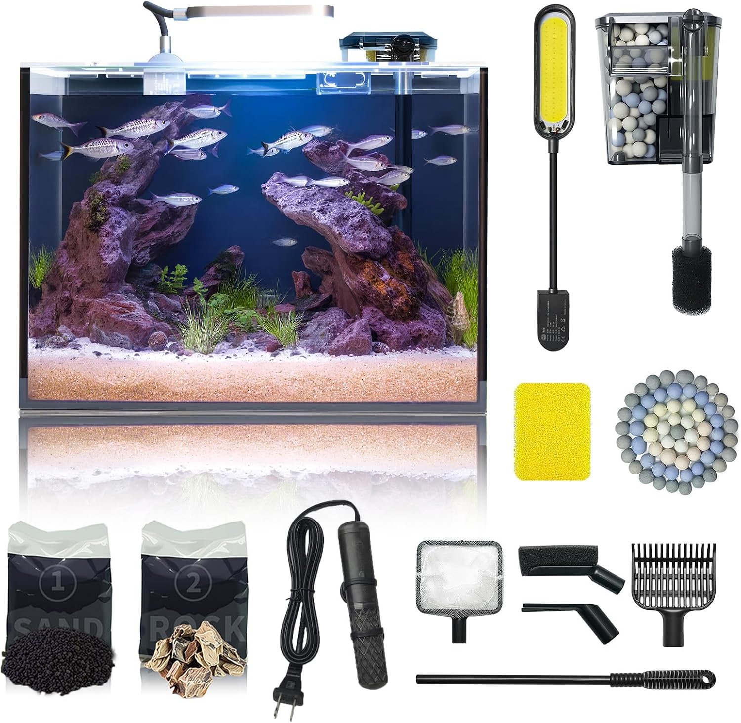 5 Gallon Small Aquarium Set Glass Fish Tank 6 Gallon, Starter Kit with Heater Water Pump Cleaning System Filter Bright Light Rocks Gravel Cleaning Tool, Clear Rimless Betta Plants