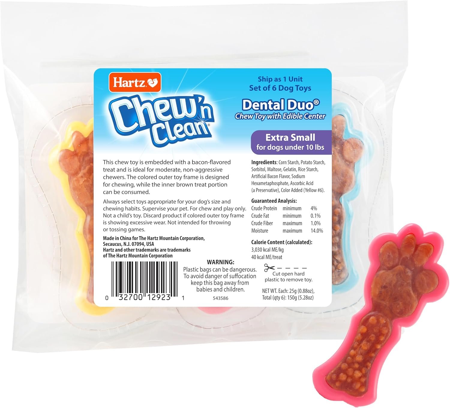 Hartz Chew ‘n Clean Dental Duo Dog Treat & Chew Toy, Color Varies, Extra Small, 6 Count