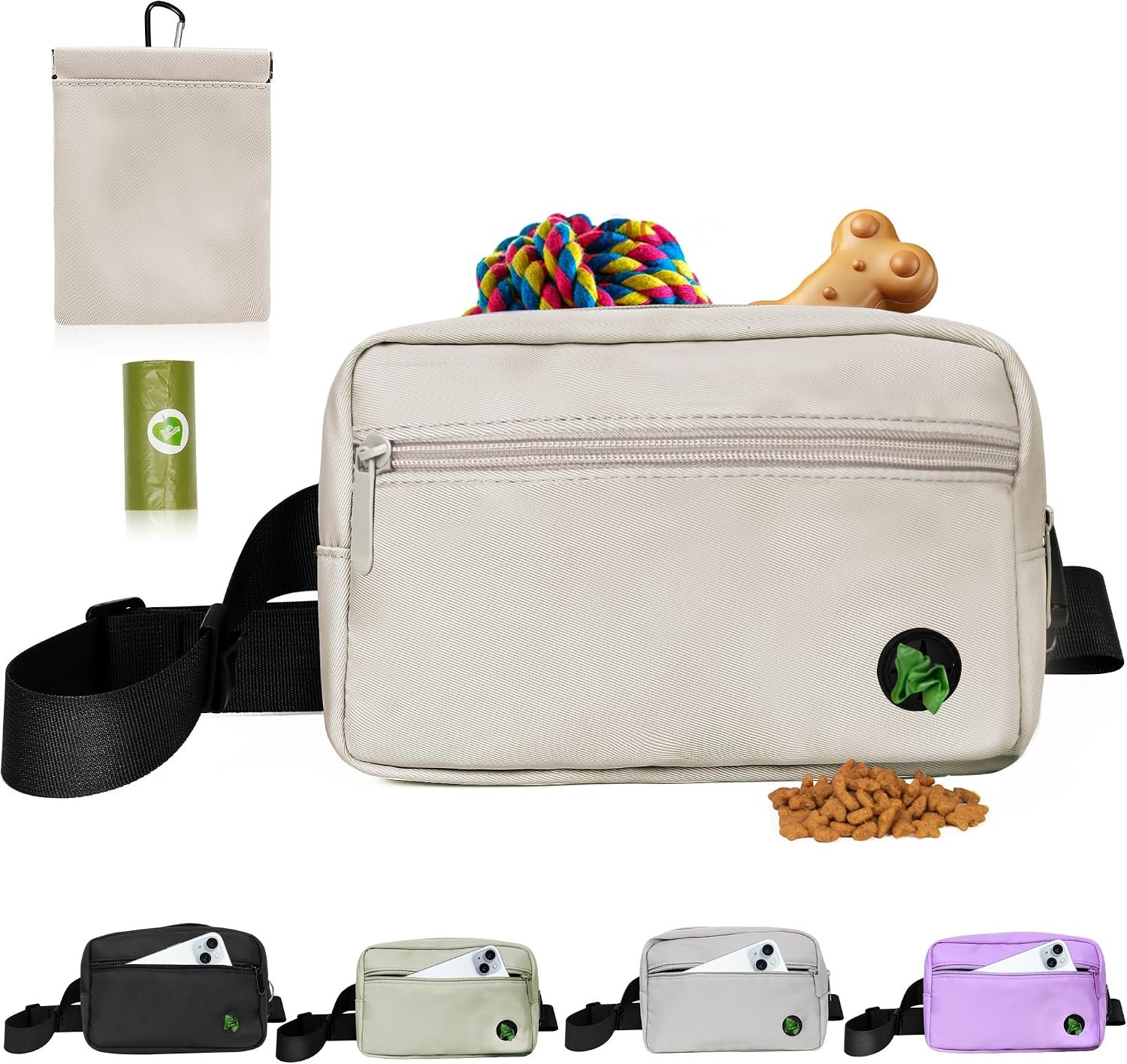 Puppy Dog Treat Pouches for Pet Training Treat Bag, Dog Walking Fanny Pack with Carabiner, Built-in Poop Bag Dispenser & Reuse Dog Poop Holder, Puppy Pet Treat Waist Belt (Cream)