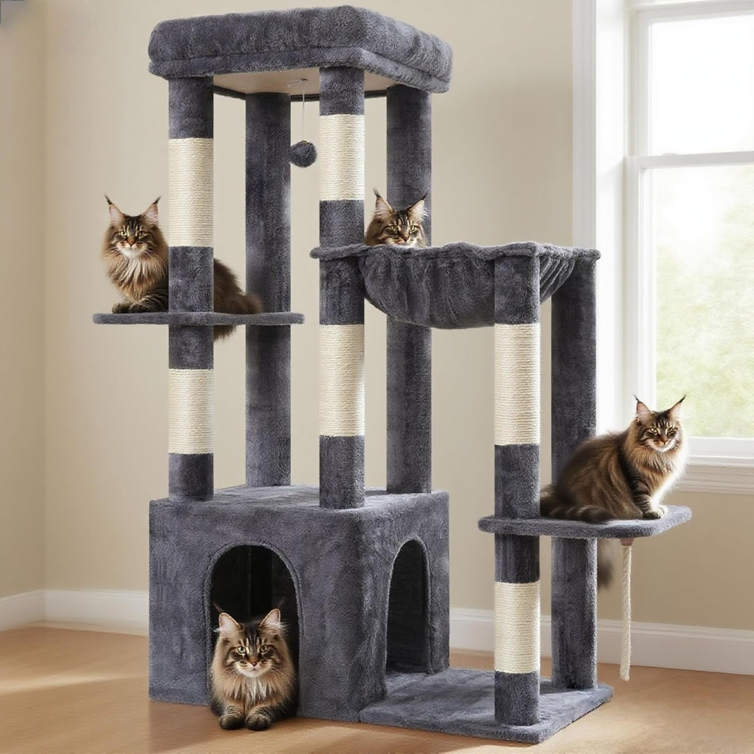 Heybly Heavy Duty Cat Tree with Large Base for Large Indoor Cats HCT026G | Cat Tower with Scratching Posts, Tall Cat Condo House , Multi-Level Plush Furniture with Hammock & Toy Balls, Smoky Gray