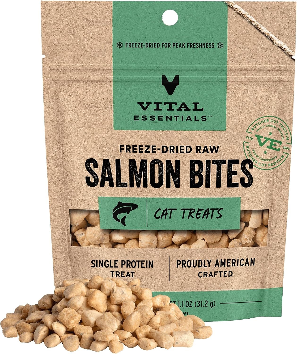 Vital Essentials Freeze Dried Cat Treats, Salmon Bites, 1.1 oz Bag | Crunchy, Single Protein, Premium Quality, Grain Free, USA Made with U.S. & Globally Sourced Ingredients