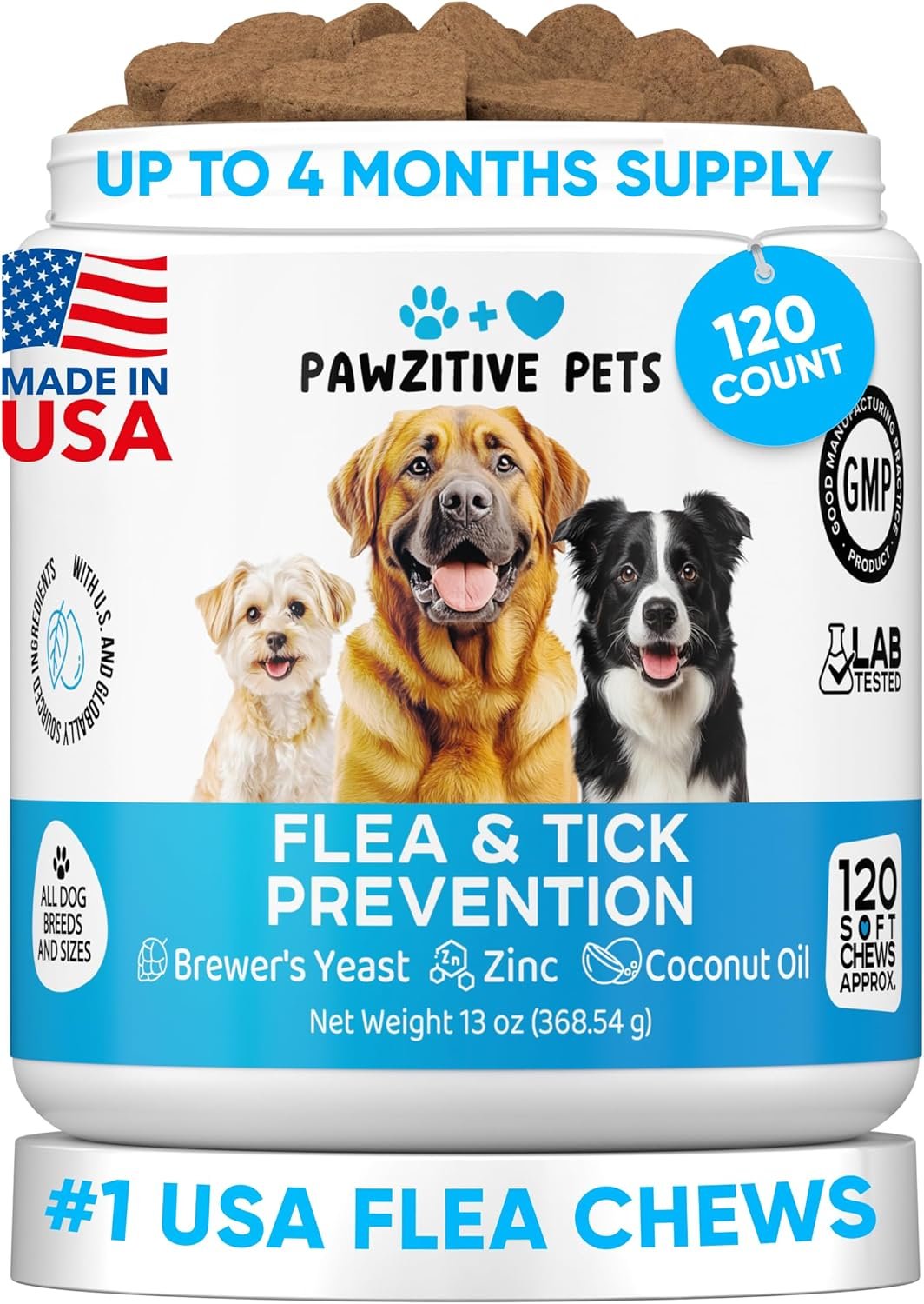 Chewable Flea and Tick Prevention for Dogs – 120 Soft Chews Made in USA – Oral Flea and Tick Control Pills for Small, Medium, Large Dogs and Puppies – Skin and Coat Supplement Treats for All Breeds