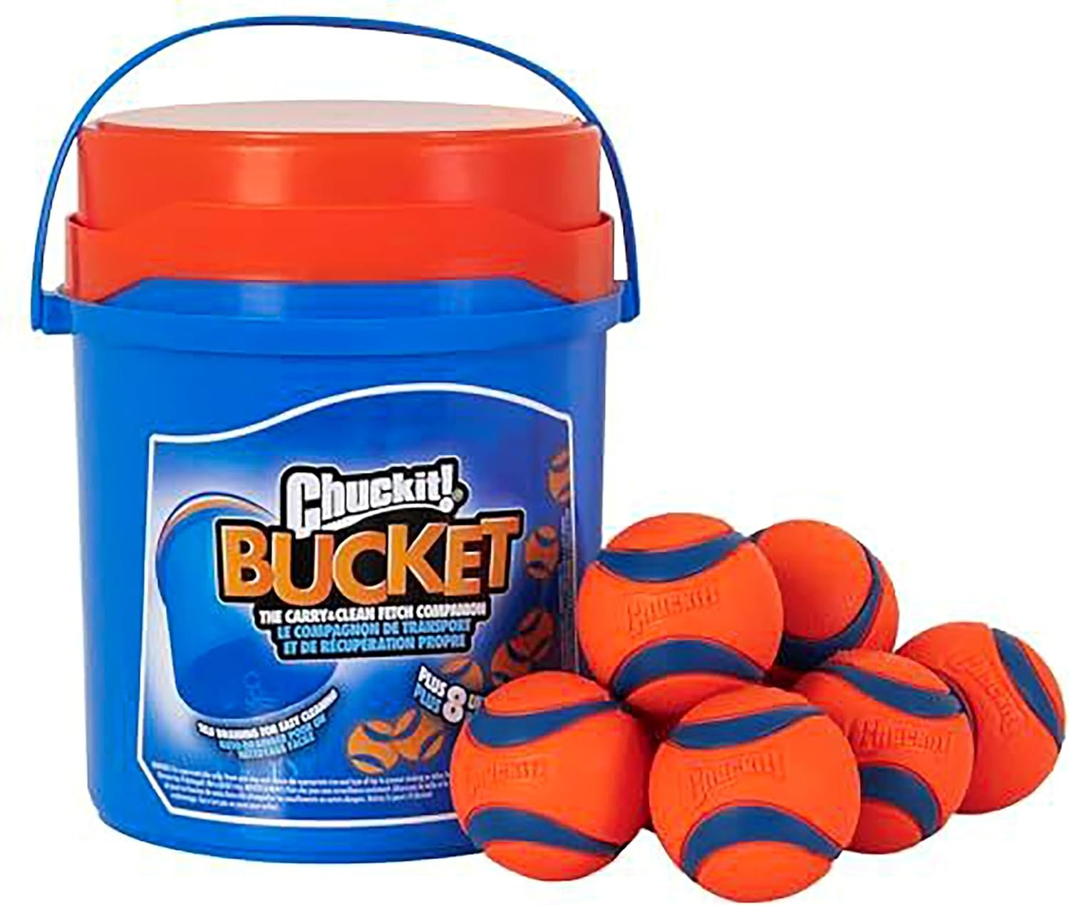Chuckit! Ultra Ball Dog Toy with Chuckit! Cleaning Bucket, Bouncy Fetch Pet Toys For Dogs 20-60 lbs, Interactive Dog Toys, Durable Rubber, Size Medium, 2.5-inch Diameter, 8-Pack of Balls | Bouncy durable rubber fetch set for interactive play, suits pups 20-60 lbs, handy carrier keeps everything tidy at home daily