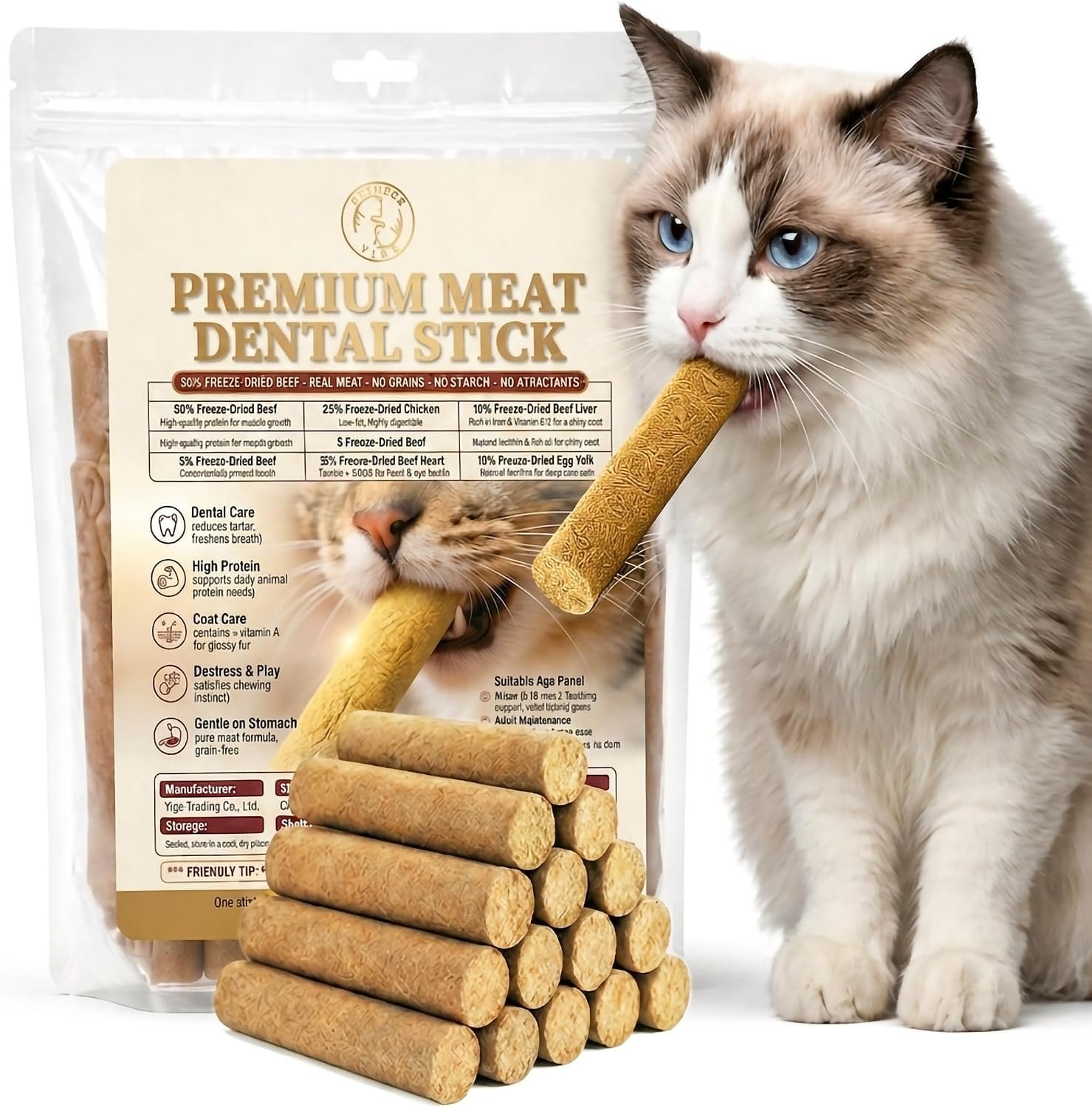 Freeze Dried Beef Dental Kitten Treats for Indoor Cats 90g No Grass | resistible freeze-dried dental sticks for cats.Clean teeth, calm gums happy tummy.All-natural protein.Picky eaters love them