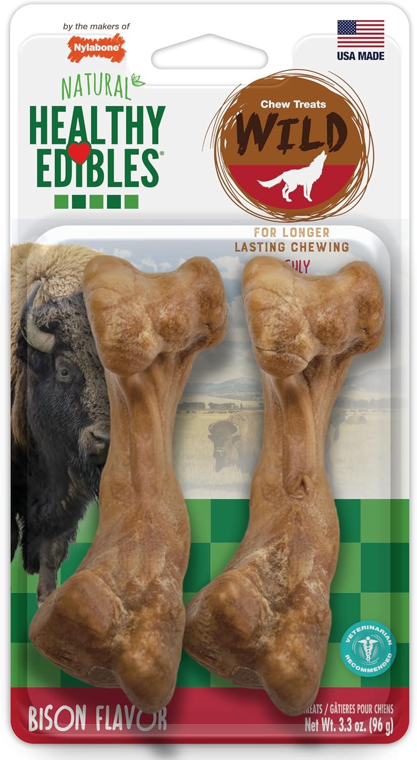 Nylabone Healthy Edibles Wild Dog Treats, Bison Flavor, Medium, 2 Count | Natural dog chew bones, made in USA, highly digestible dog chews, long lasting chews for medium dogs up to 35 lbs