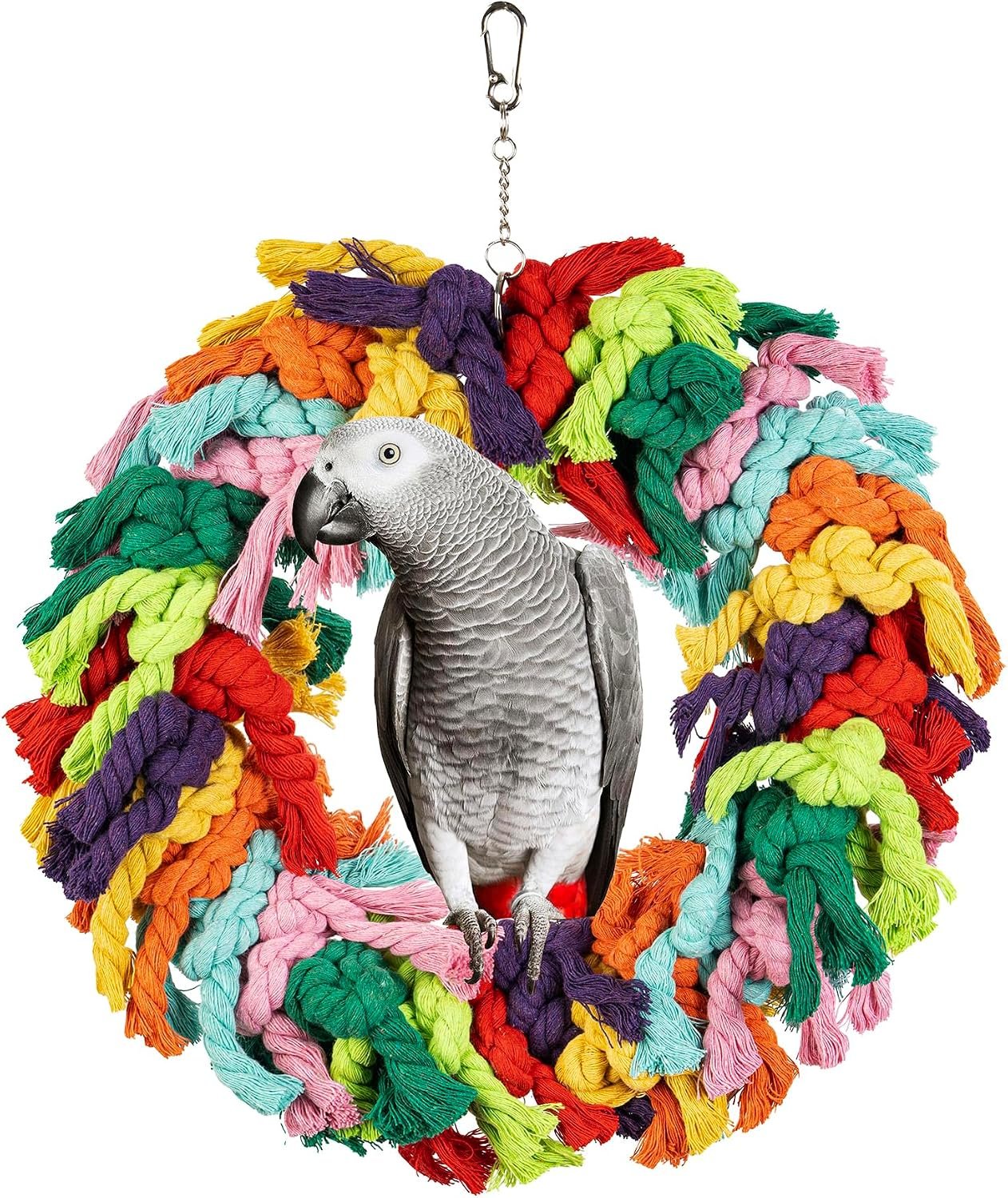 Parrot Swing for Large Birds | Colorful cotton rope hanging ring. Fits African Grey, Cockatoo, Conure, Parakeet. Encourages chewing, exercise, snuggling.