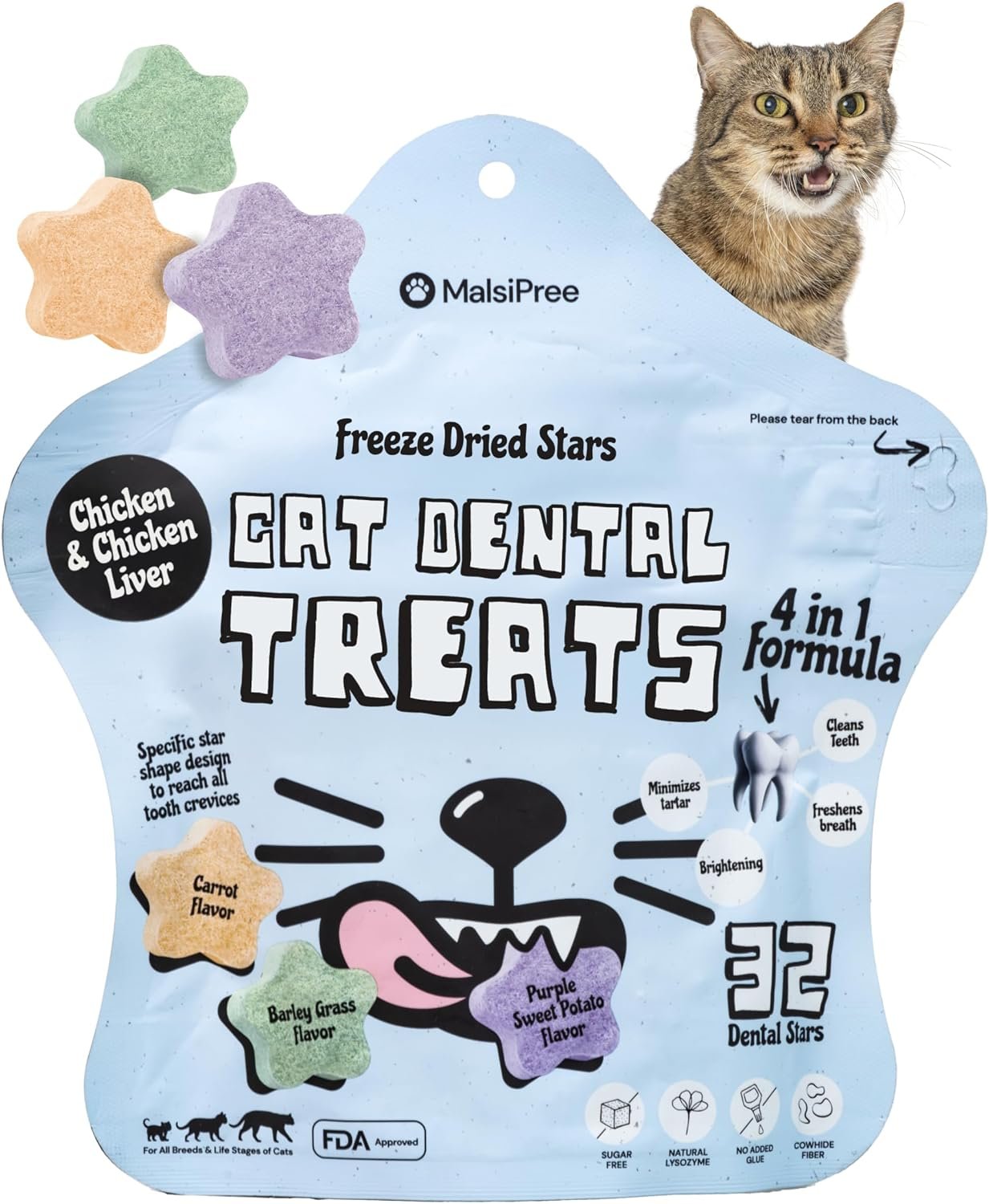 MalsiPree Cat Dental Treats – 32 Count, Freeze-Dried Chicken | Freeze-dried chicken dental chews – fresh breath & tartar control – Use for cats & kittens, high protein