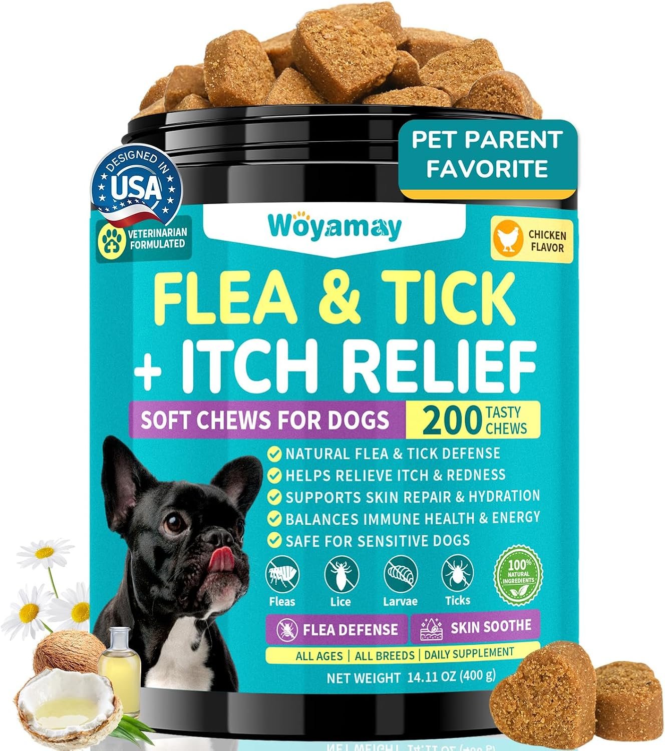 Woyamay Flea and Tick Prevention for Dogs, Flea & Tick + Itch Relief Chews | Natural Dog Flea and Tick Treatment, Dog Allergy Chews, Dog Itching Skin Relief & Skin Repair, Flea Treatment Dogs, 200 Chews