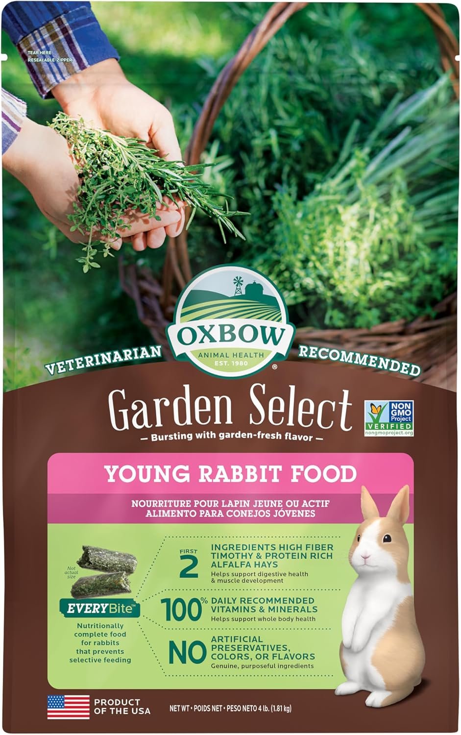 Oxbow Garden Select Young Rabbit Food, High-Fiber Rabbit Pellets, USA, 4 lb | Bunny Food for Young Rabbits, Made with High Fiber Alfalfa, Vitamins & Minerals, Uniform, Prevents Selective Feeding