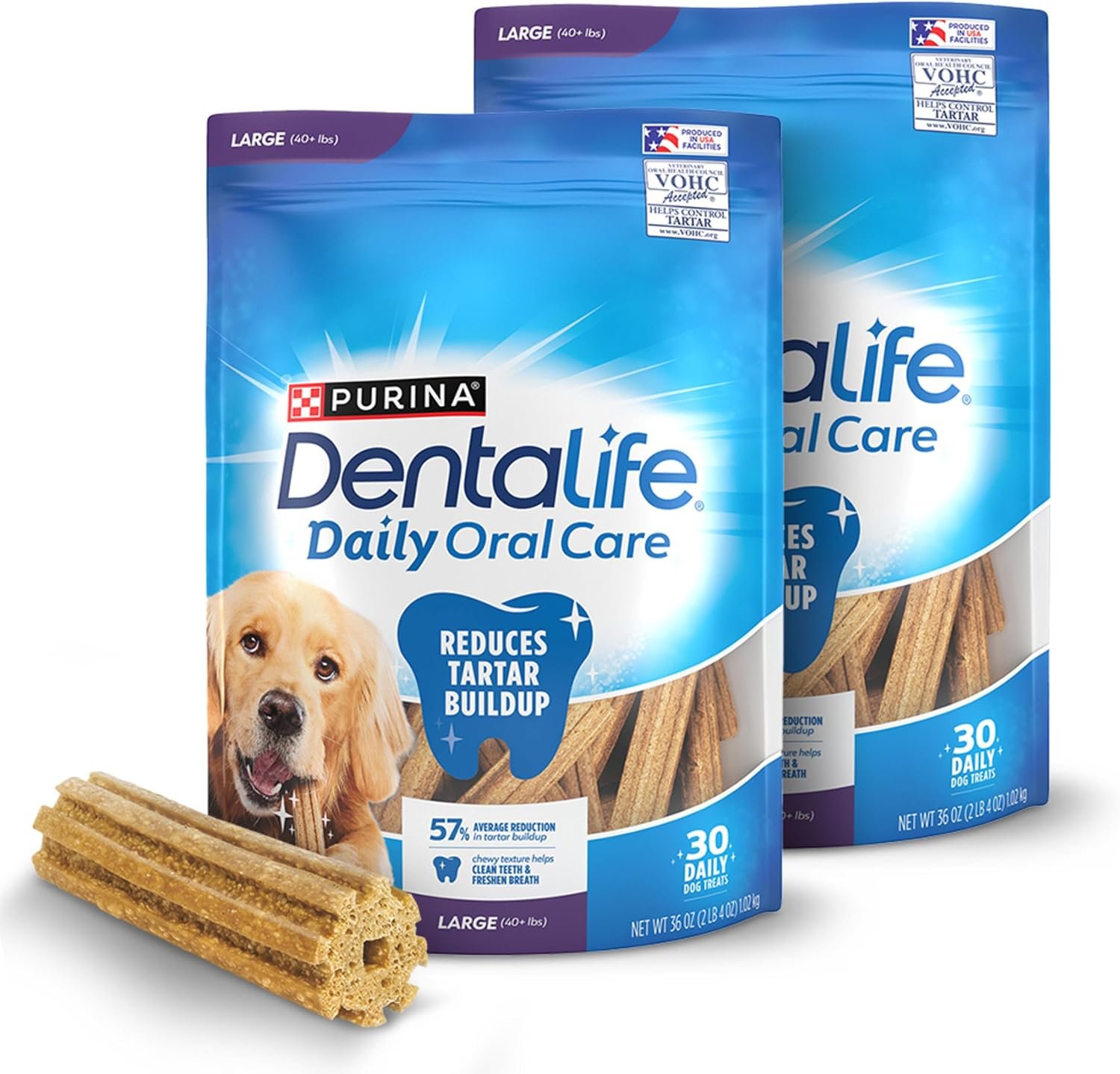Dentalife Purina Daily Oral Care Dental Large Dog Treats, Pack of 2, 30 ct | For large dogs 40+ lbs, chicken-flavored dental chews that freshen breath and fight tartar buildup, made in the USA