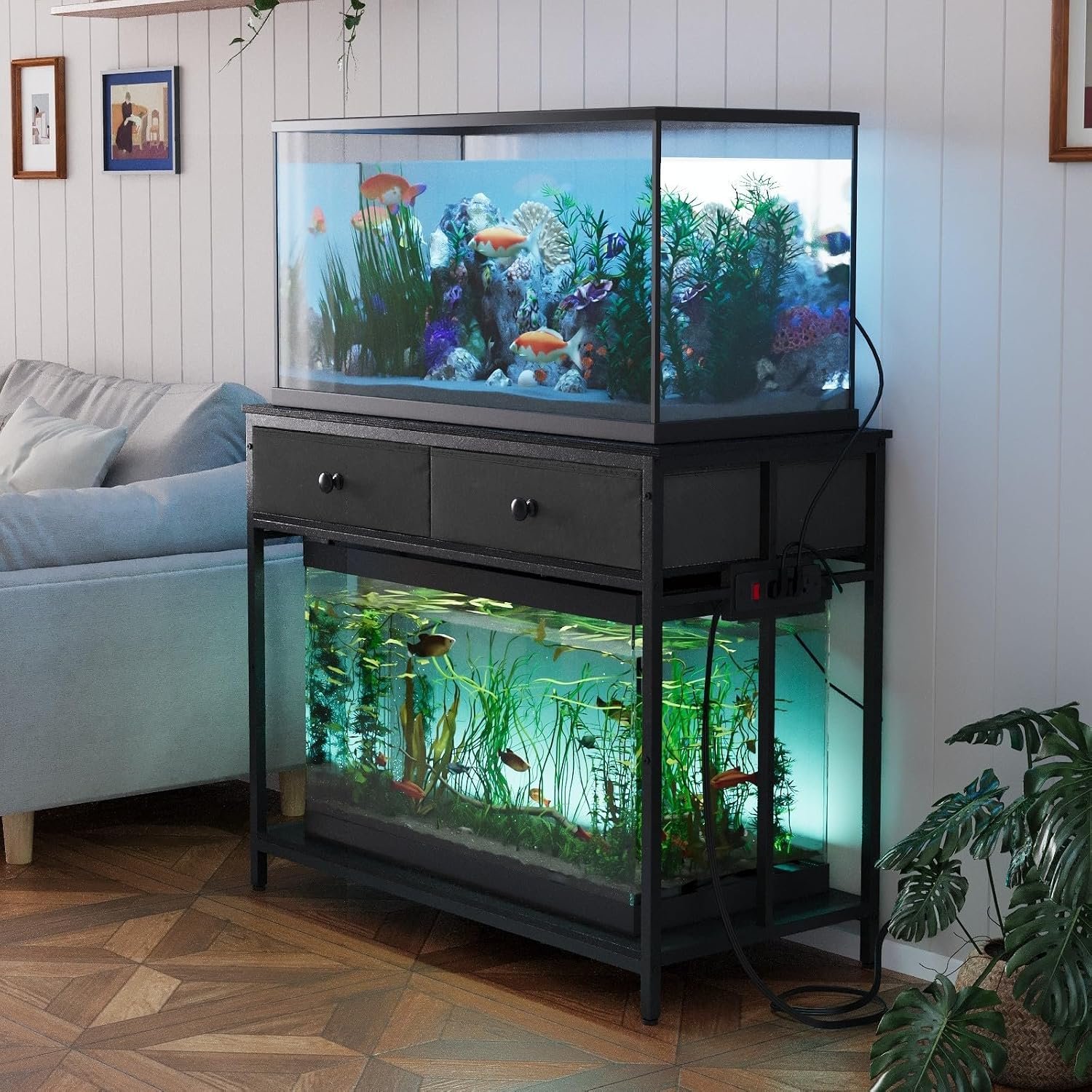 VOWNER 40 Gallon Aquarium Stand with Power Outlet, Metal Frame Fish Tank Stand with Cabinet Storage, Double Turtle Reptile Terrariums Tank Stand, 39.4″ L*18.9″ W Tabletop, 660LBS Capacity, Black