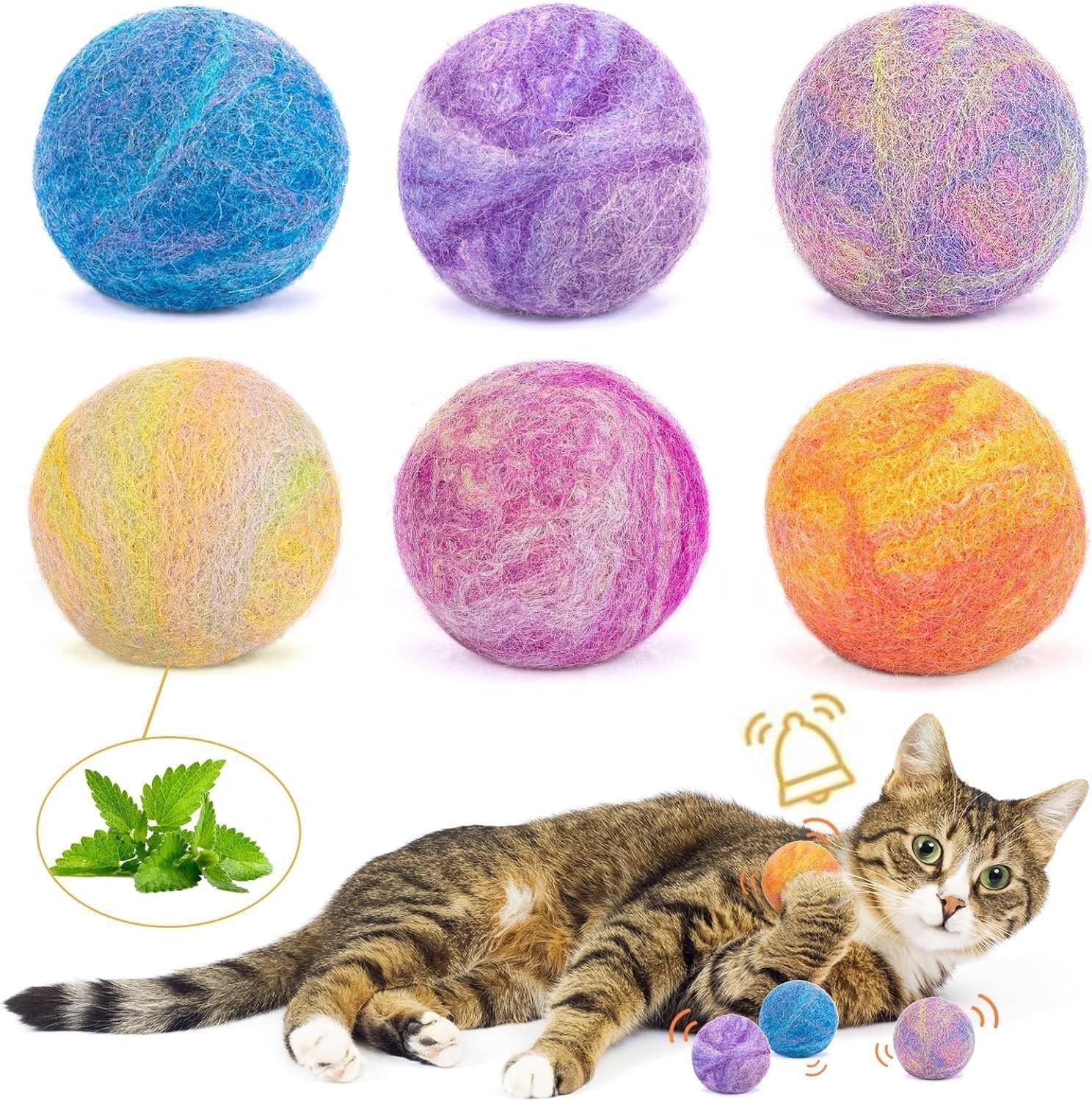 Retro Shaw Catnip Toys Balls with Bell Inside, Wool Yarn Cat Balls, 6 Pack | Interactive Durable Kitten Balls, For Indoor Cats, Kitten Teething Toys, Natural Catnip Toys for Bored Cats